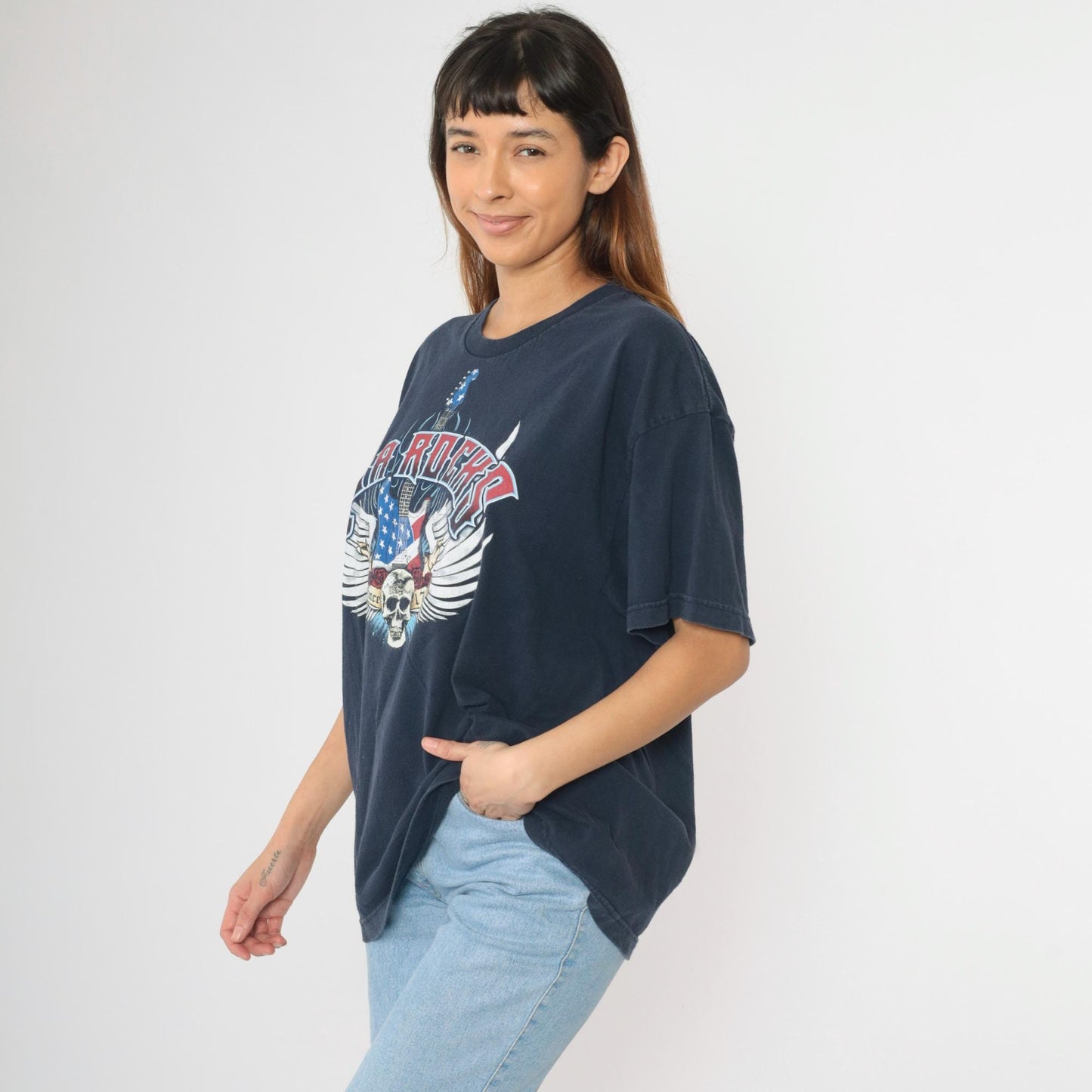 USA Rocks Skull Guitar Graphic T-Shirt Navy Cotton Crewneck Extra Large XL