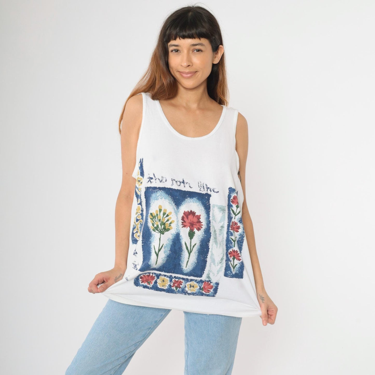 90s Floral Scoop Neck Tank Top White Botanical Graphic Large L