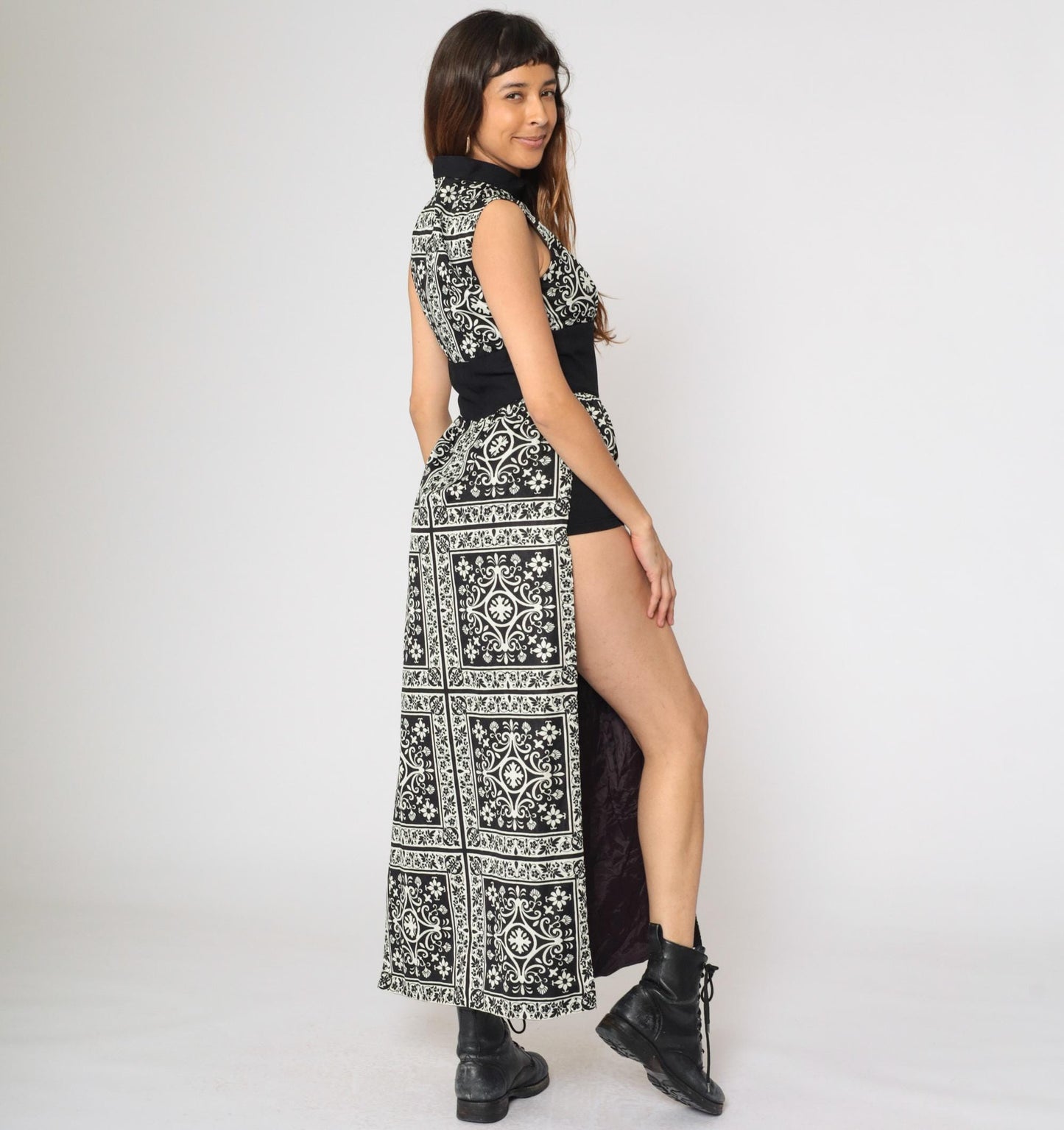 70s Black White Damask Floral Maxi Dress Mock Neck High Slit Small
