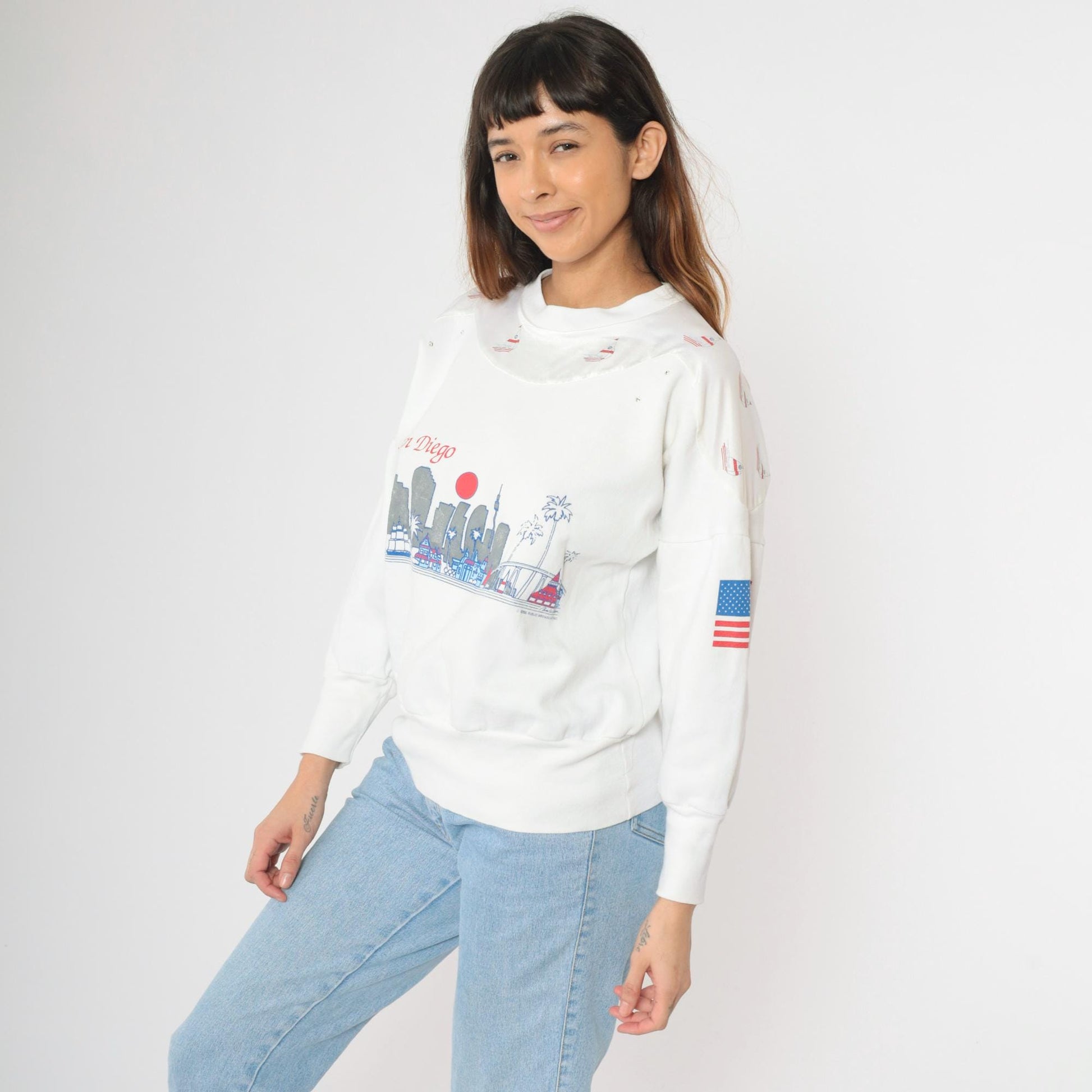 90s San Diego Nautical Sailboat Sweatshirt White Glitter Rhinestone Medium