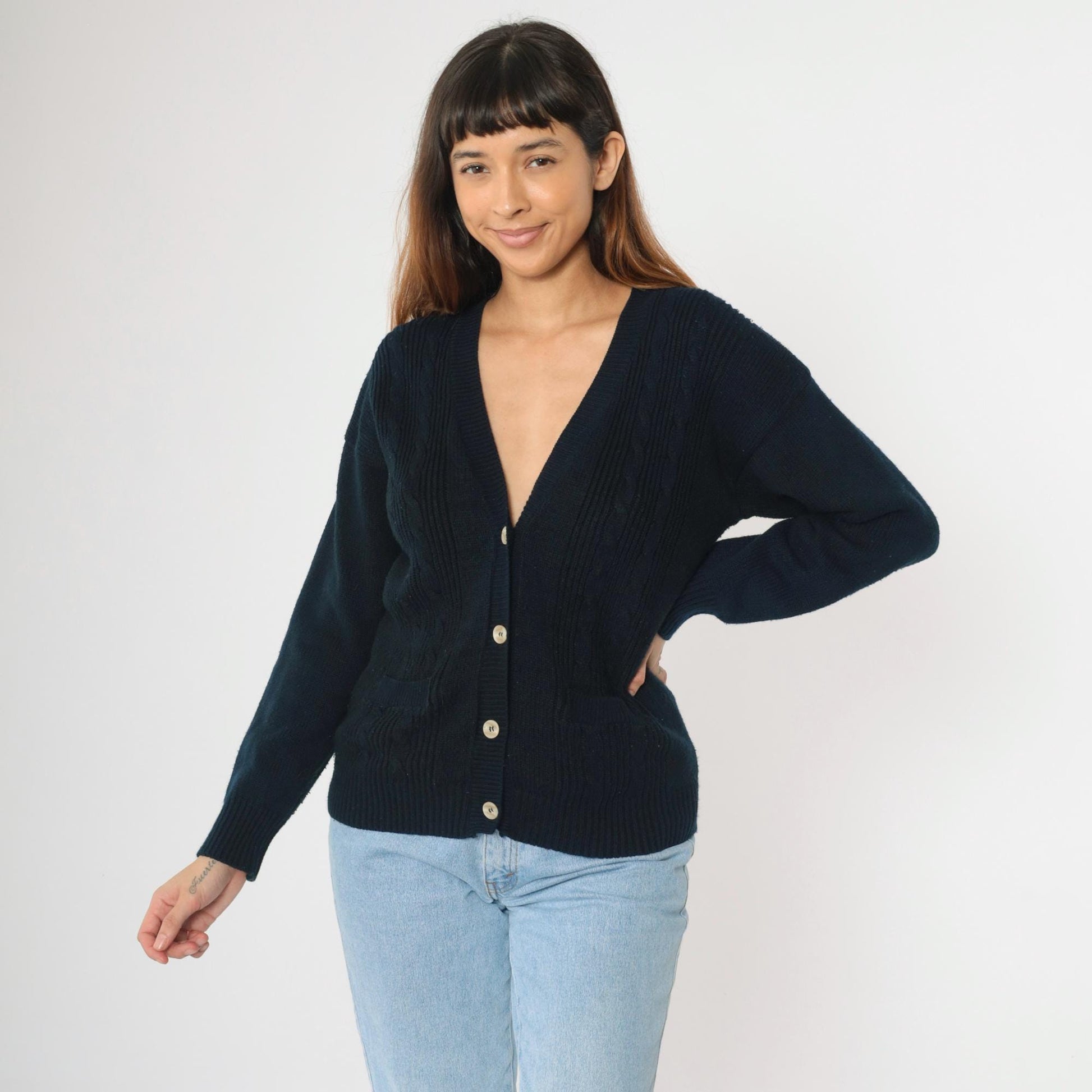 90s Navy Cable Knit Cardigan Button-Up V-Neck Sweater Small S