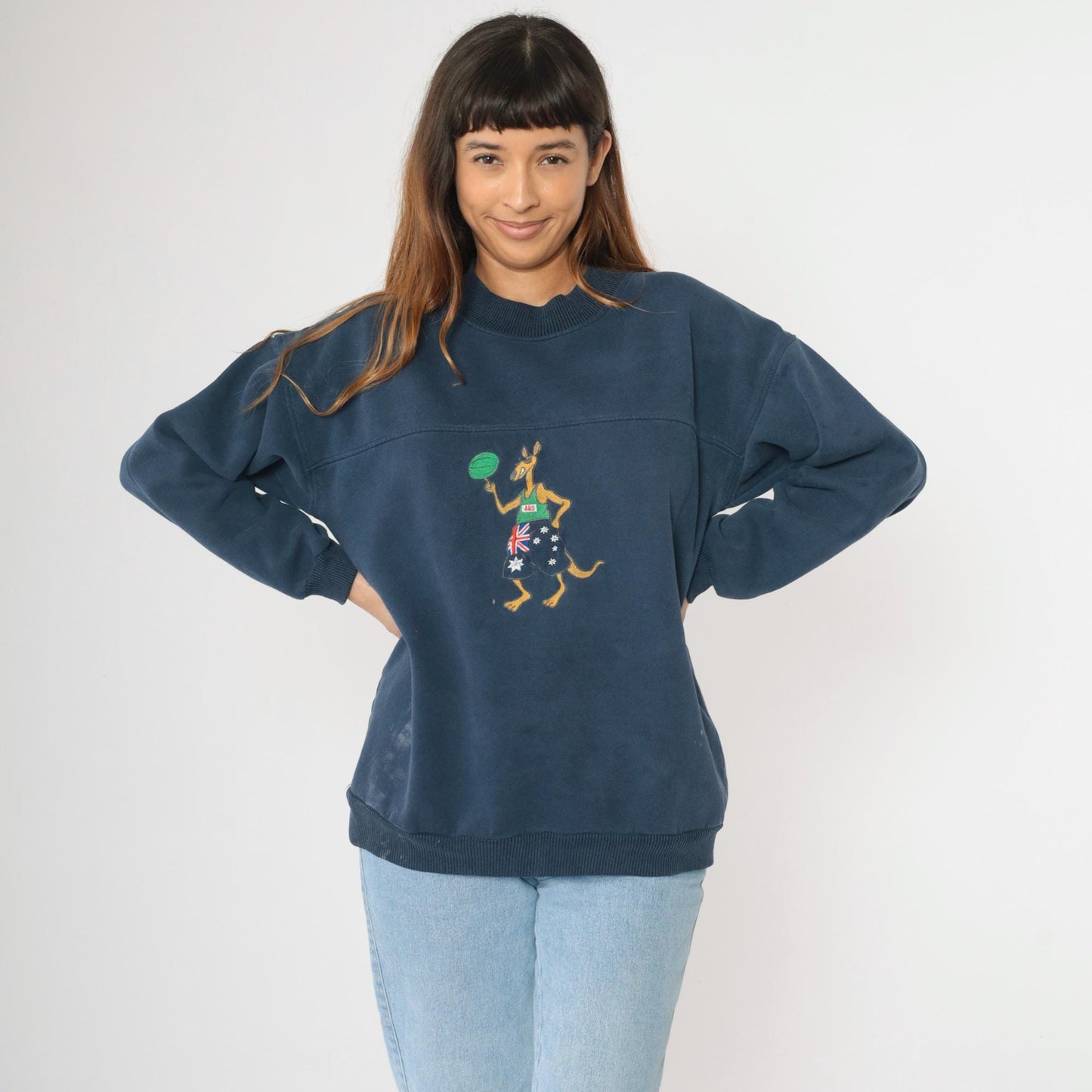 90s Australian Basketball Sweatshirt Navy Kangaroo Graphic Crewneck Large L