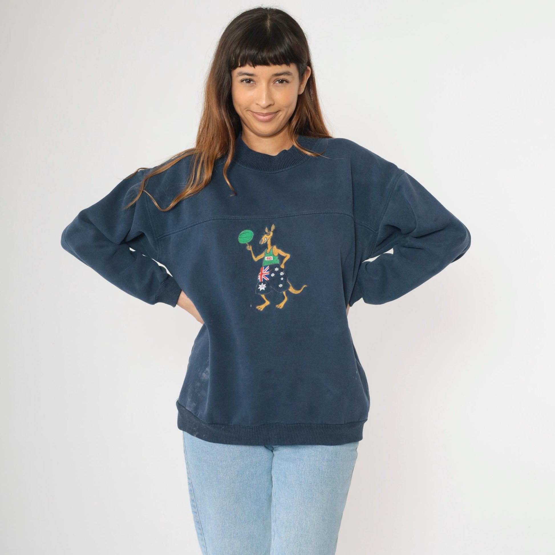 90s Australian Basketball Sweatshirt Navy Kangaroo Graphic Crewneck Large L