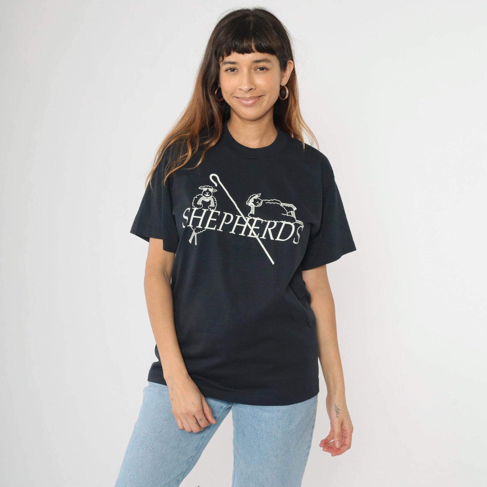 90s Shepherd Sheep Graphic T-Shirt Screen Stars Black Single Stitch Medium