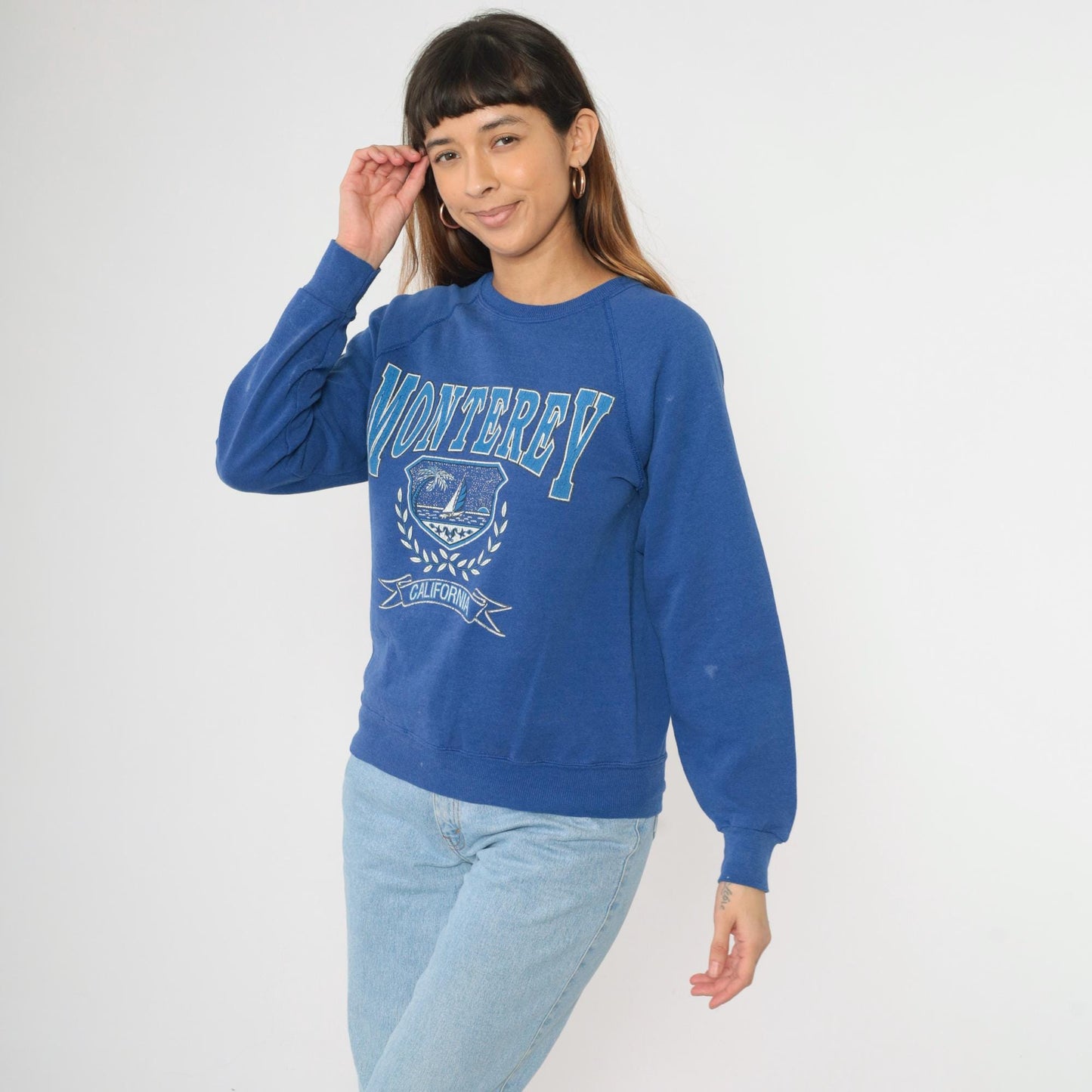 90s Monterey California Sailboat Sweatshirt Lee Blue Raglan Crewneck Small
