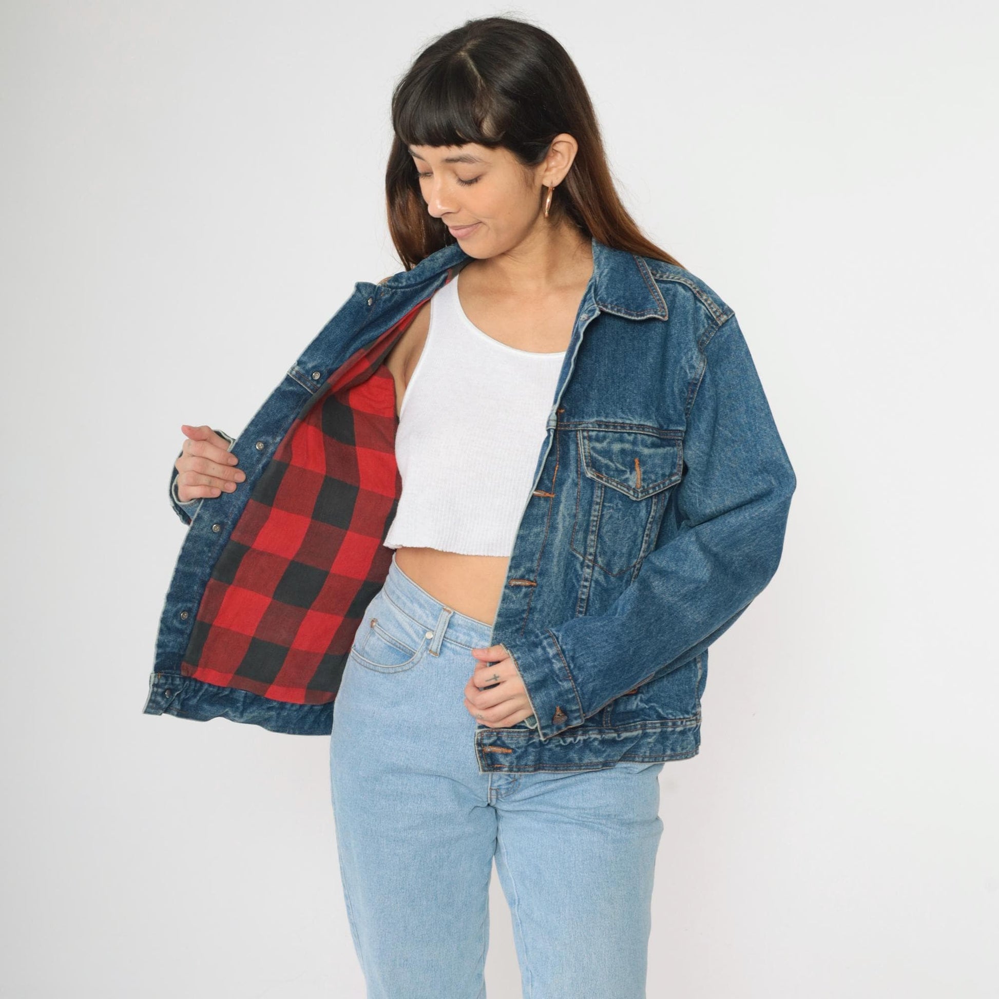 90s Generation One Blue Denim Jacket Red Buffalo Plaid Lining Medium M