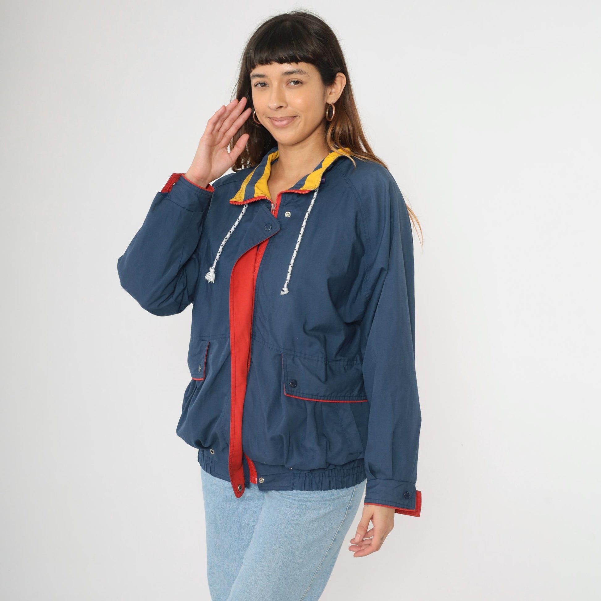 80s Izzi Spirit Blue Windbreaker Jacket Yellow Red Trim Zip Up Medium