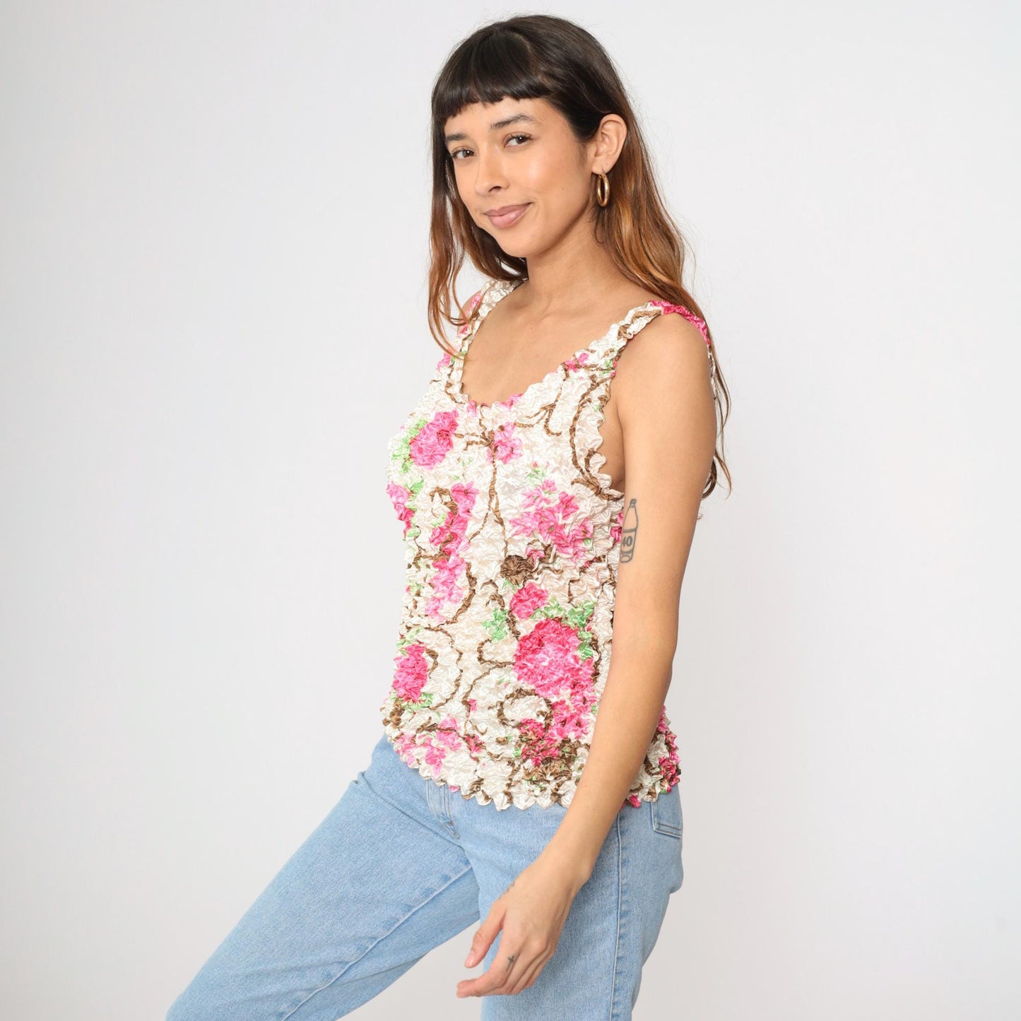 Y2K Floral Popcorn Tank Top Off-White Pink Flower Print Sleeveless Blouse Small