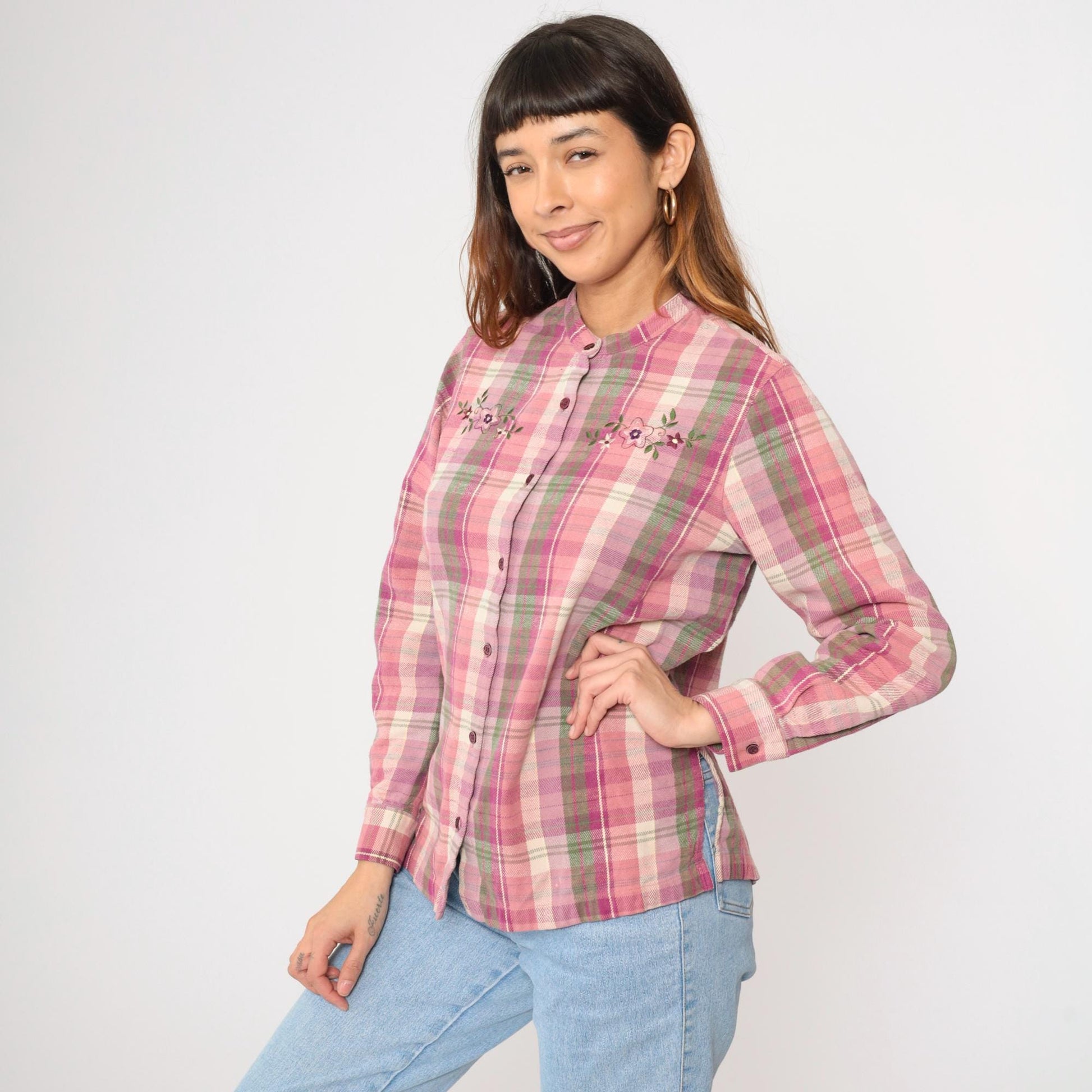Y2K Blair Pink Plaid Floral Embroidered Button-Up Blouse Cotton Medium