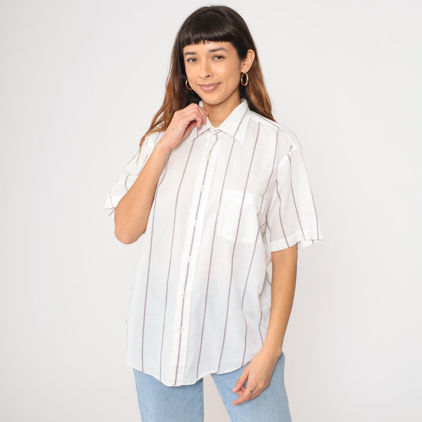 80s White Striped Semi-Sheer Button-Up Shirt Short Sleeve Collar Large L