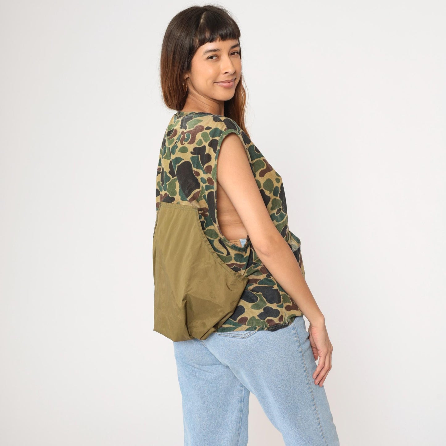 70s Saftbak Camo Hunting Vest Zip Front Canvas Olive Game Pocket Medium Large