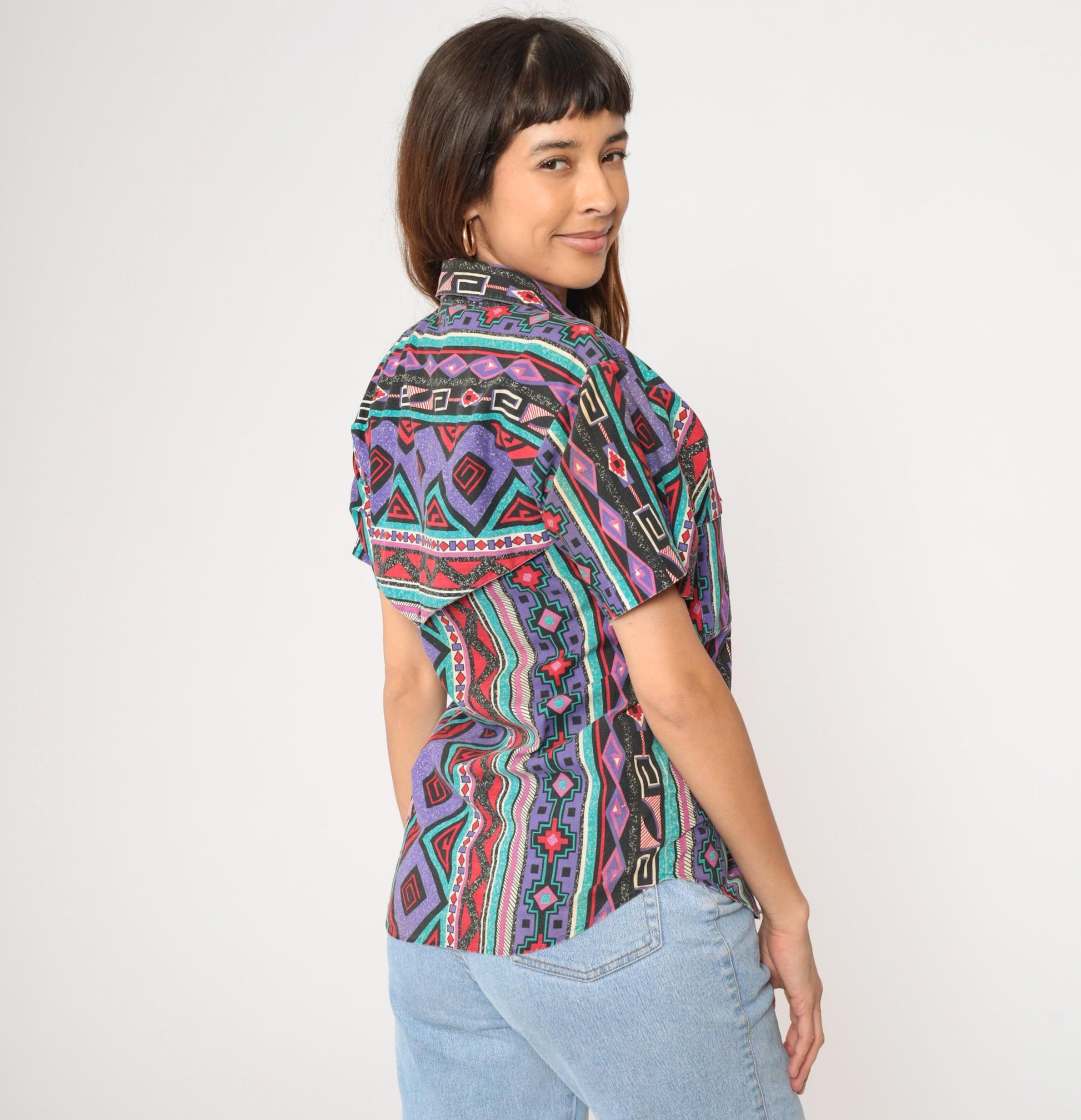 90s Wrangler Southwestern Striped Button-Up Shirt Purple Short Sleeve Small