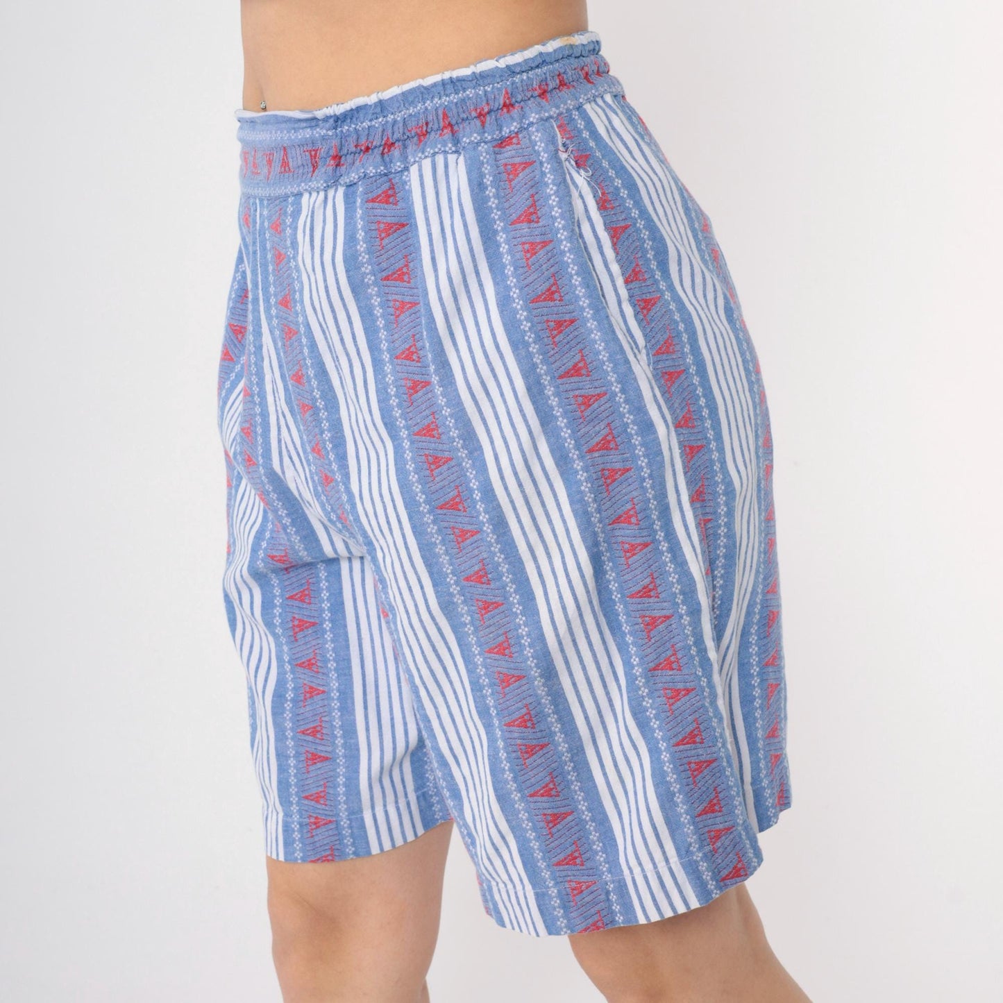 90s Chez T Striped Cotton Shorts Sailboat Nautical Blue White Red Medium