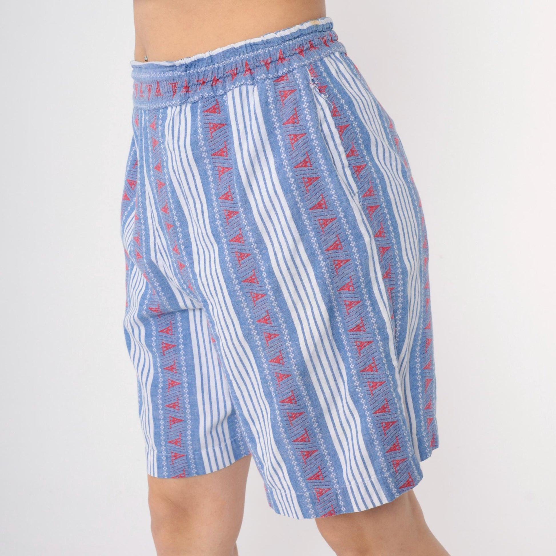 90s Chez T Striped Cotton Shorts Sailboat Nautical Blue White Red Medium