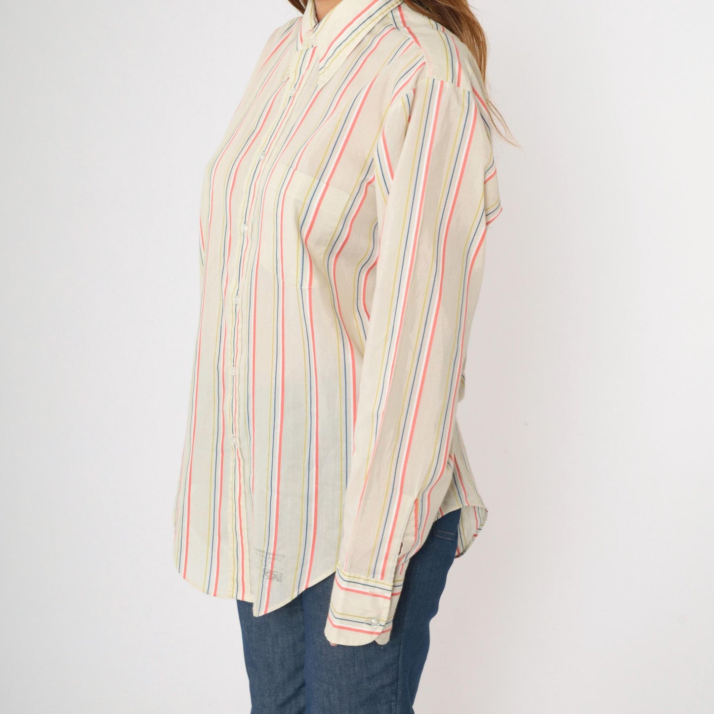 70s Arrow Collar Striped Button-Up Shirt Pointed Collar Coral Yellow Blue Medium