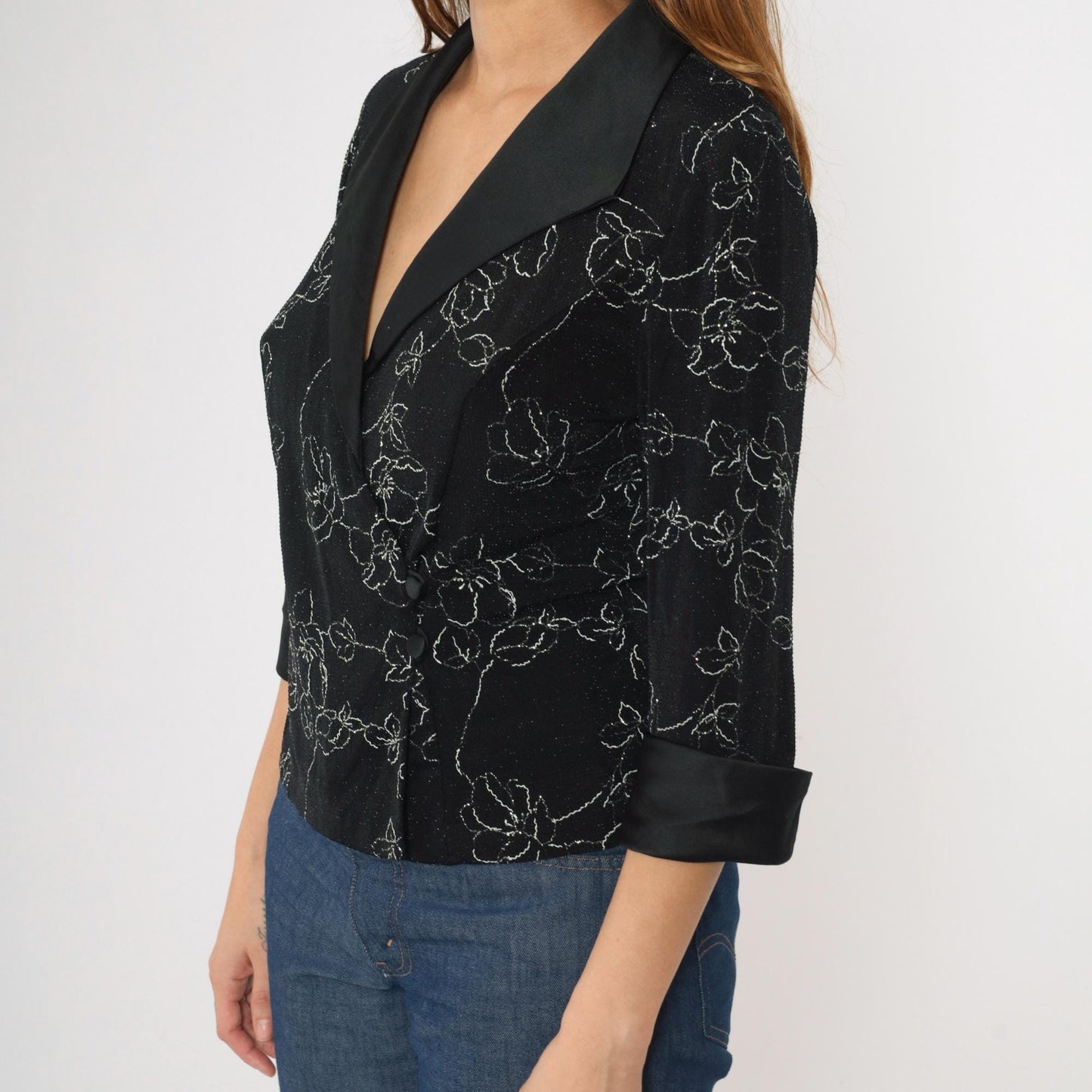 90s Alex Evenings Metallic Floral Wrap Blouse Black Silver Satin Collar Small