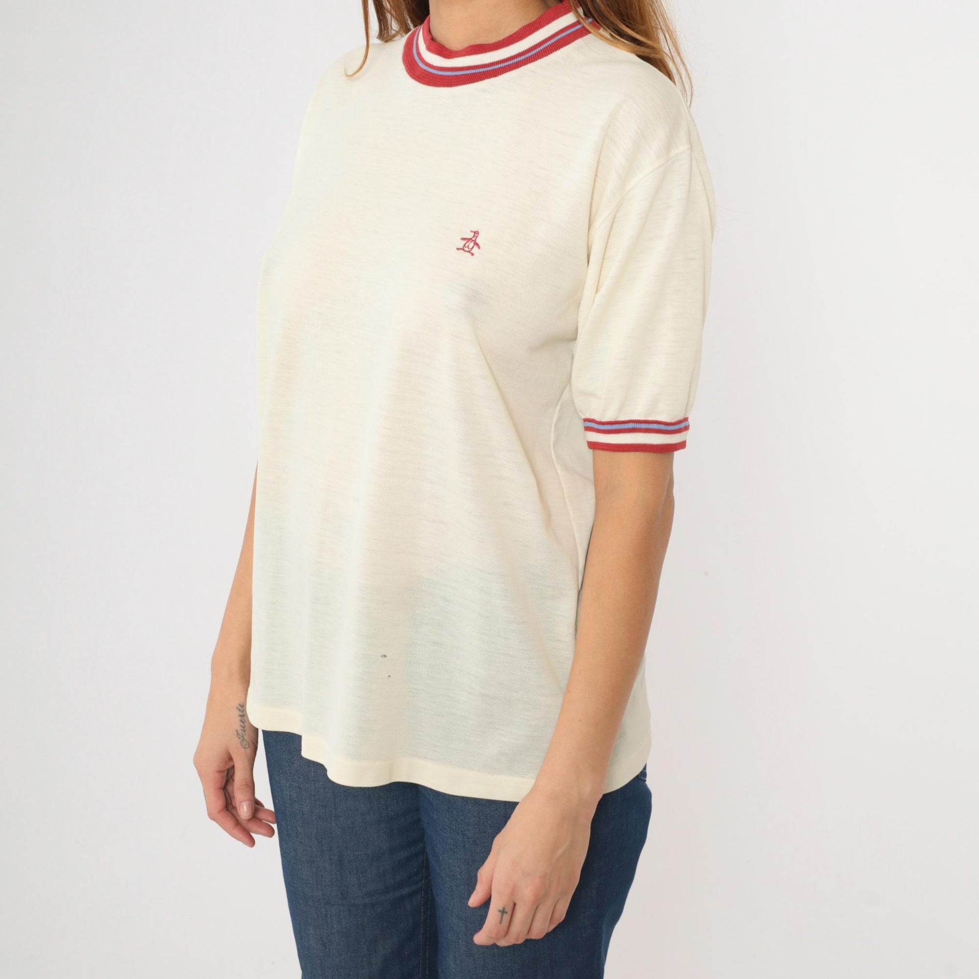80s Munsingwear Grand Slam Penguin Ringer Tee Cream Red Striped Medium