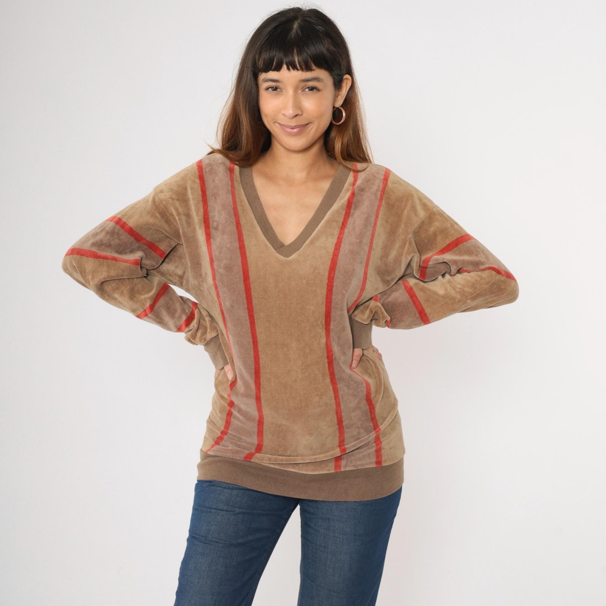80s Bay Club Velour Sweatshirt Brown Red Striped V-Neck Small