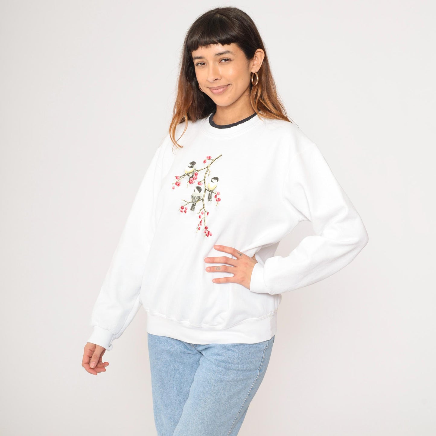 90s Chickadee Bird Sweatshirt White Double Collar Graphic Crewneck Large L