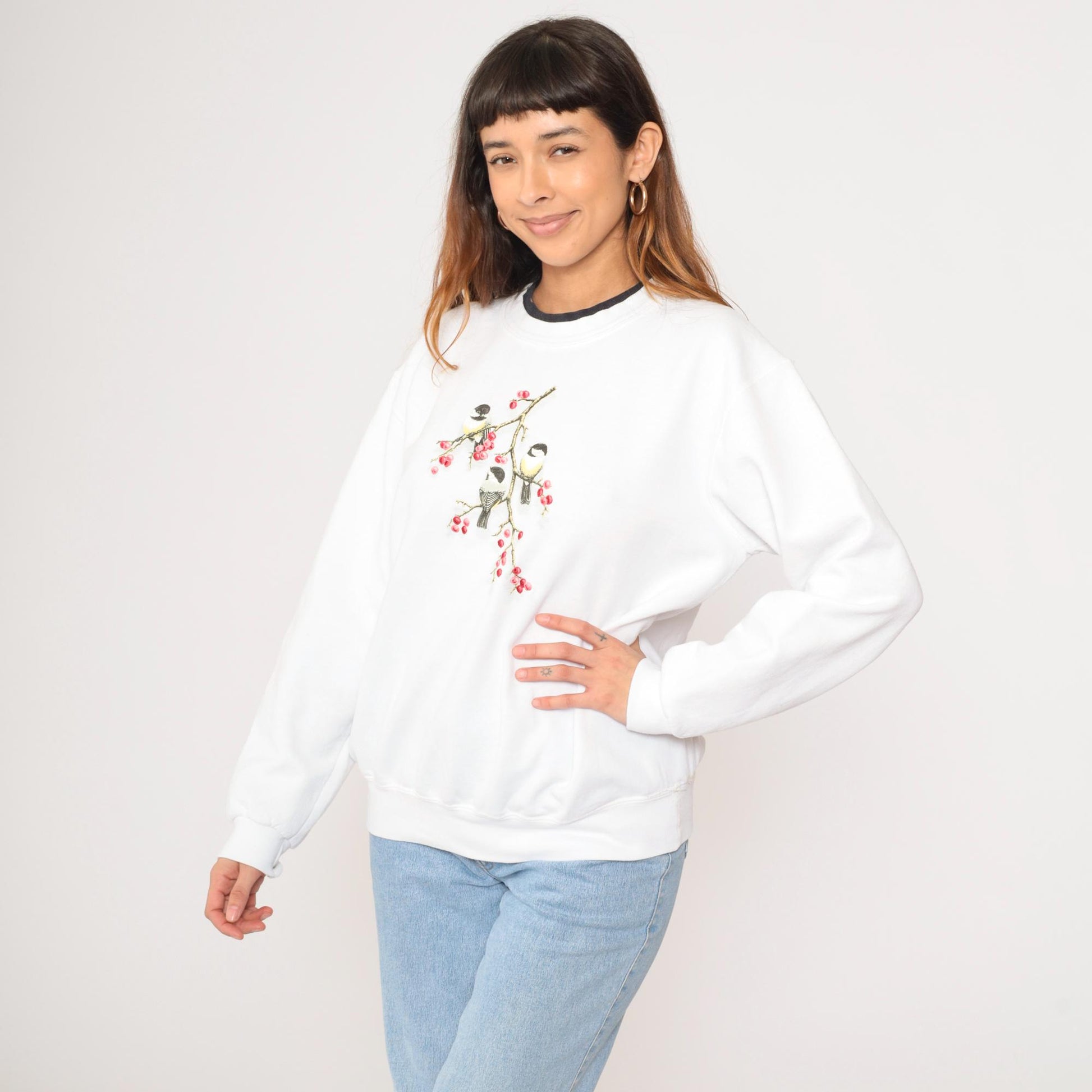 90s Chickadee Bird Sweatshirt White Double Collar Graphic Crewneck Large L