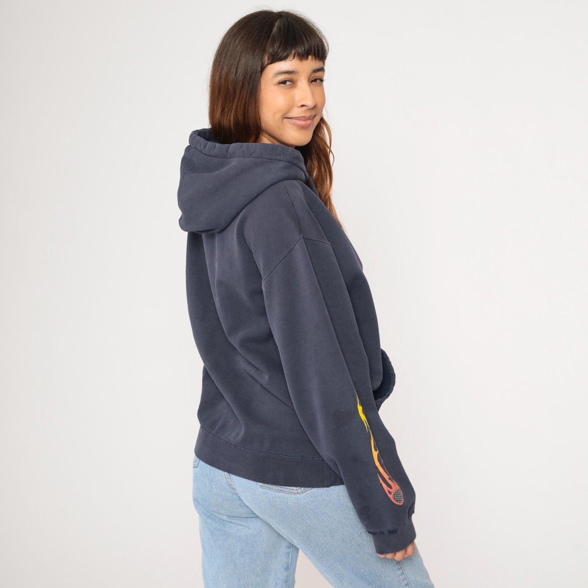 Y2K Gordons Well Sand Dunes Hoodie Navy Flame Graphic Pullover Small S