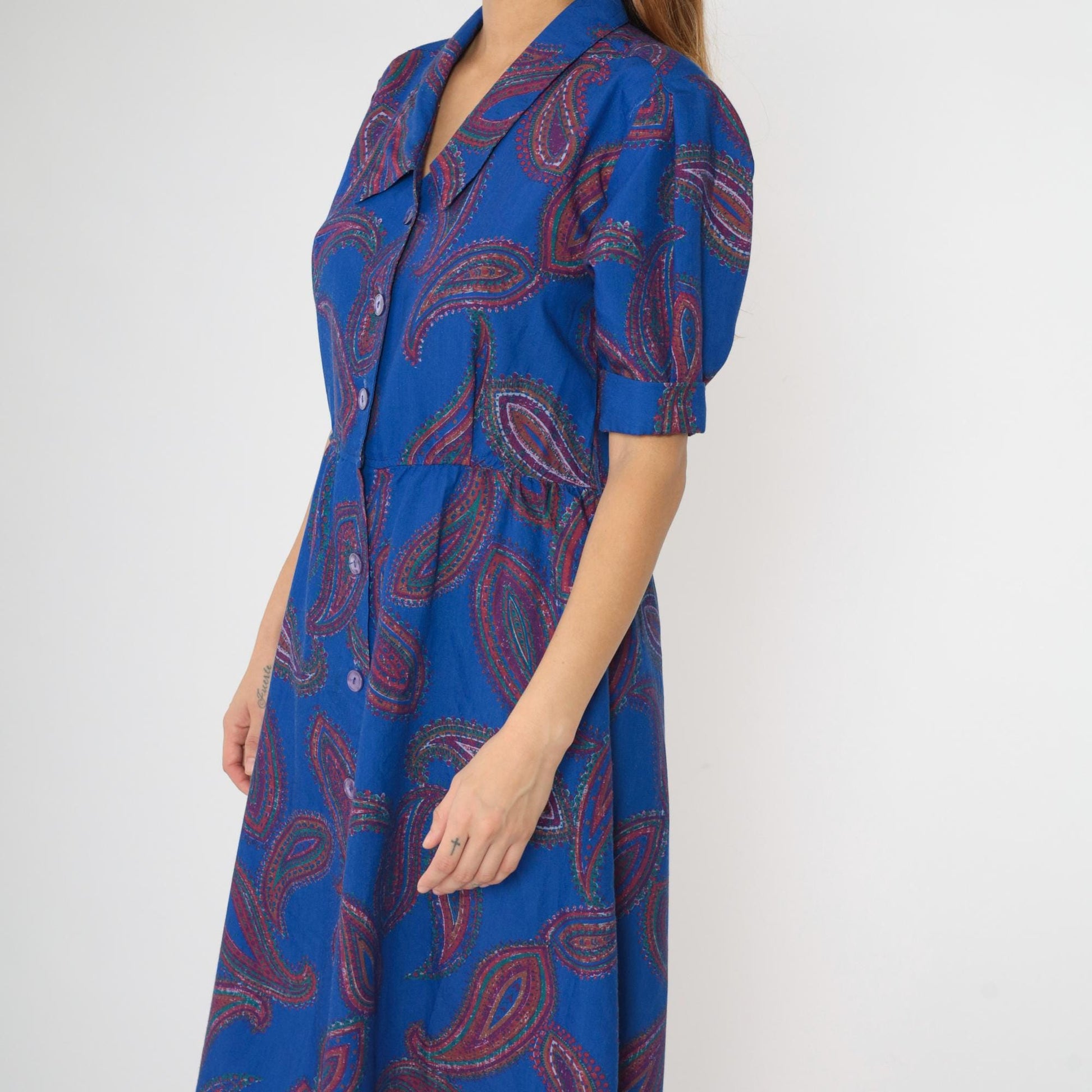 80s Paisley Midi Shirtdress Royal Blue High Waist Puff Sleeve Button Up Medium