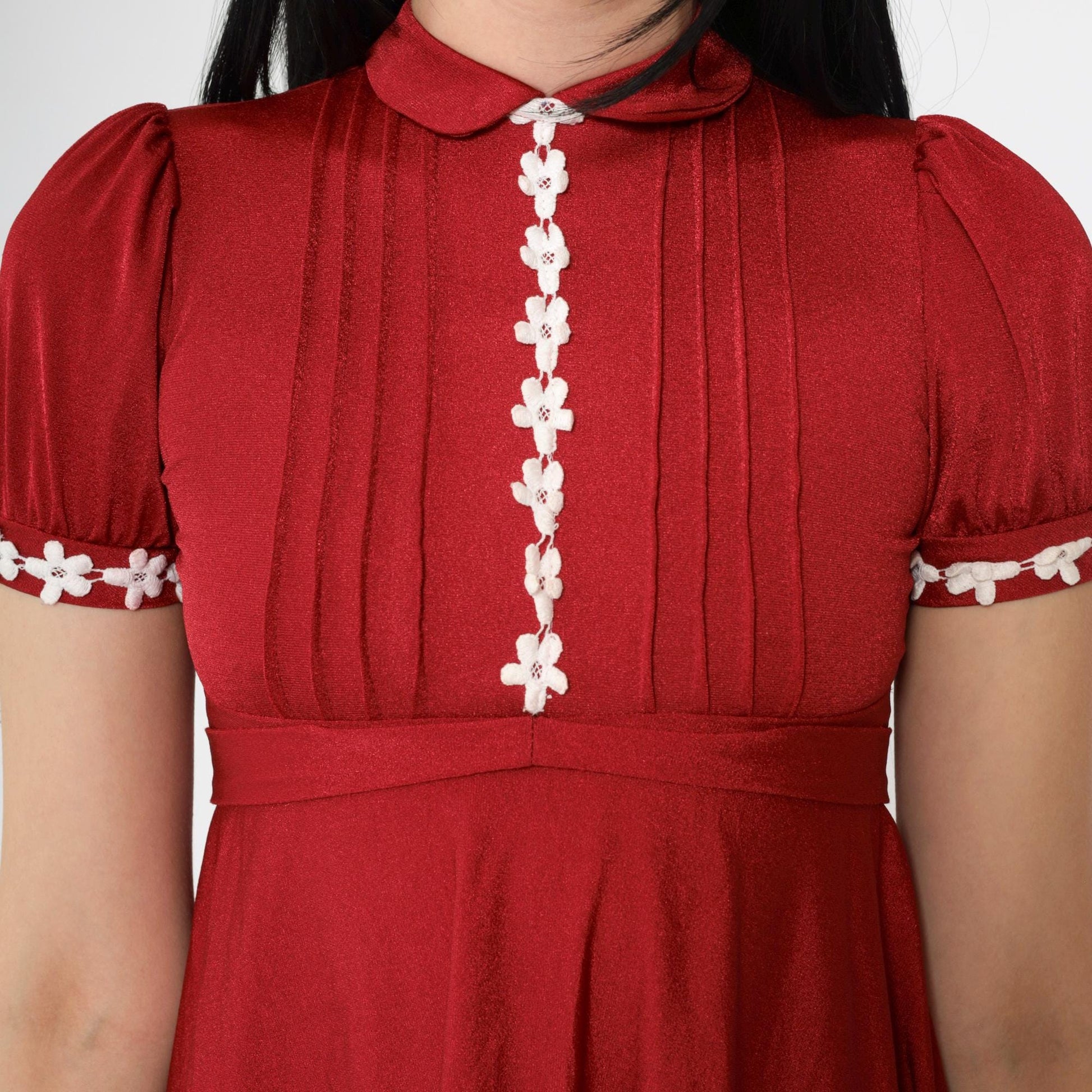 70s Red Babydoll Mini Dress Peter Pan Collar Puff Sleeve Lace Trim XXS