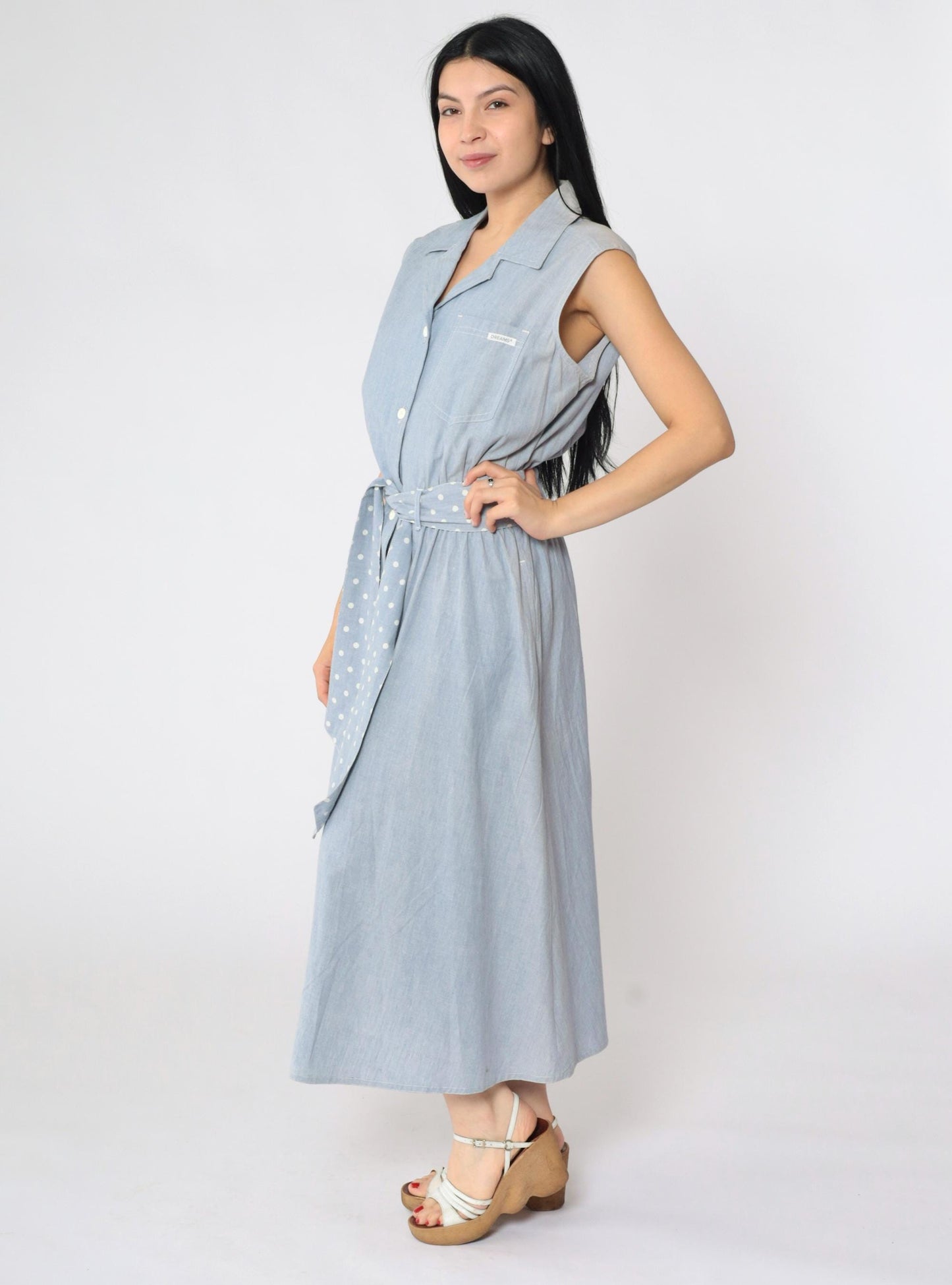 80s Blue Chambray Sleeveless Shirt Dress Polka Dot Sash Pockets Medium