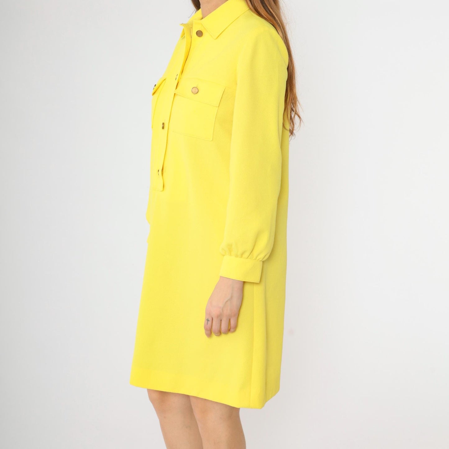 1970s L'Aiglon Yellow Knit Mod Shift Dress Button Front Pockets Small