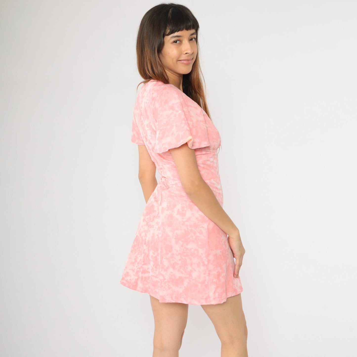 60s Pink Tie Dye Babydoll Mini Dress Flutter Sleeve Empire Waist Small