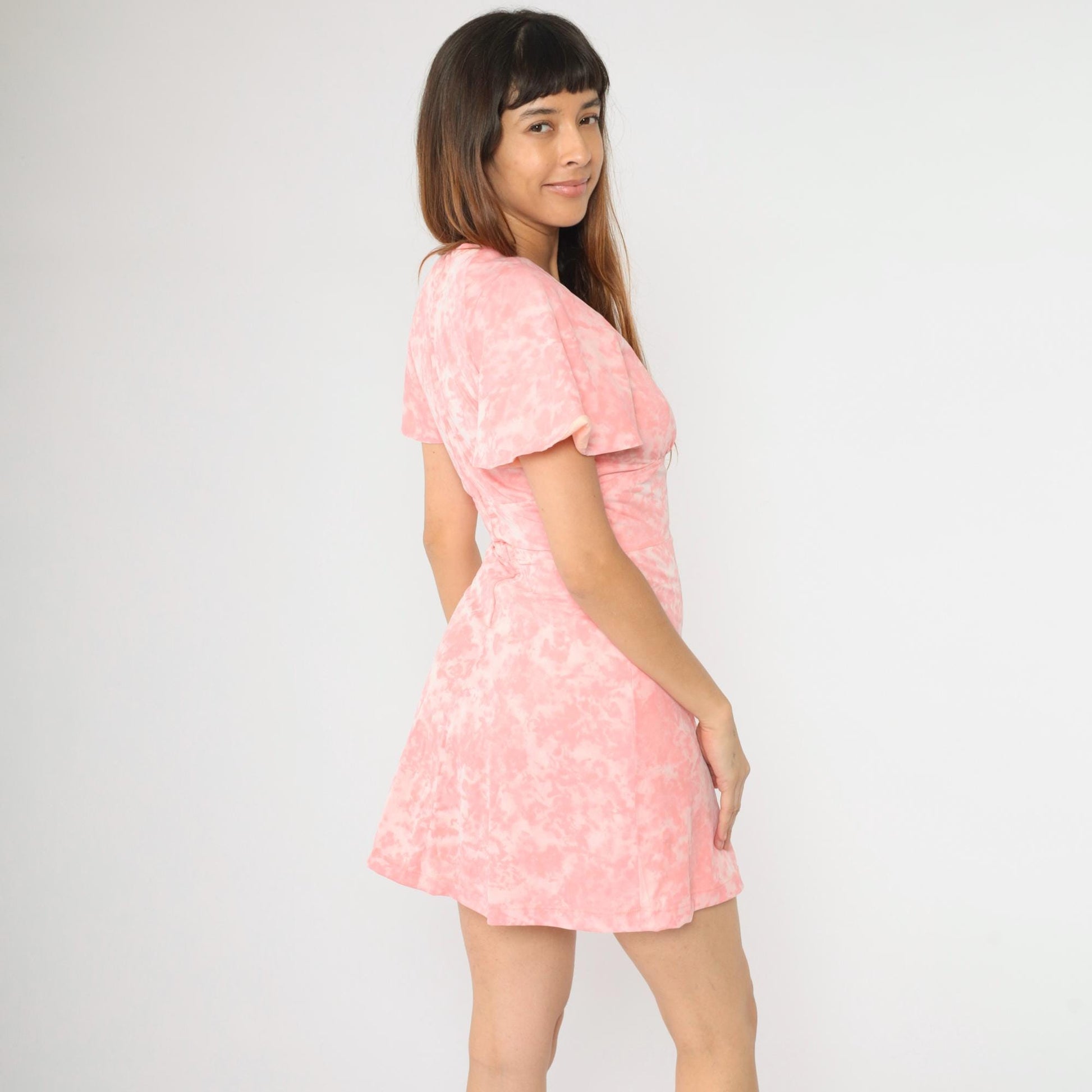 60s Pink Tie Dye Babydoll Mini Dress Flutter Sleeve Empire Waist Small