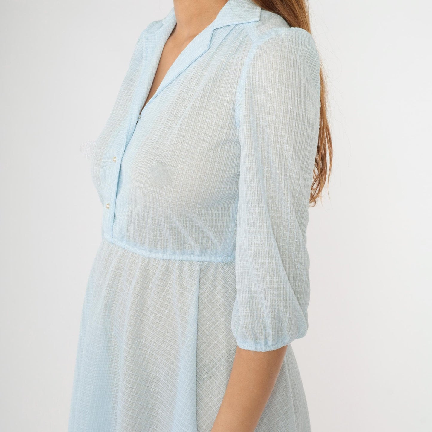 70s Light Blue Sheer Midi Dress Puff Sleeve Button Front Grid Pattern Small
