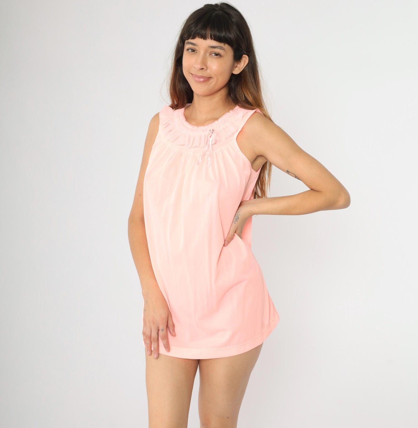60s Pink Nylon Babydoll Nightgown Ruffle Yoke Slip Dress Small
