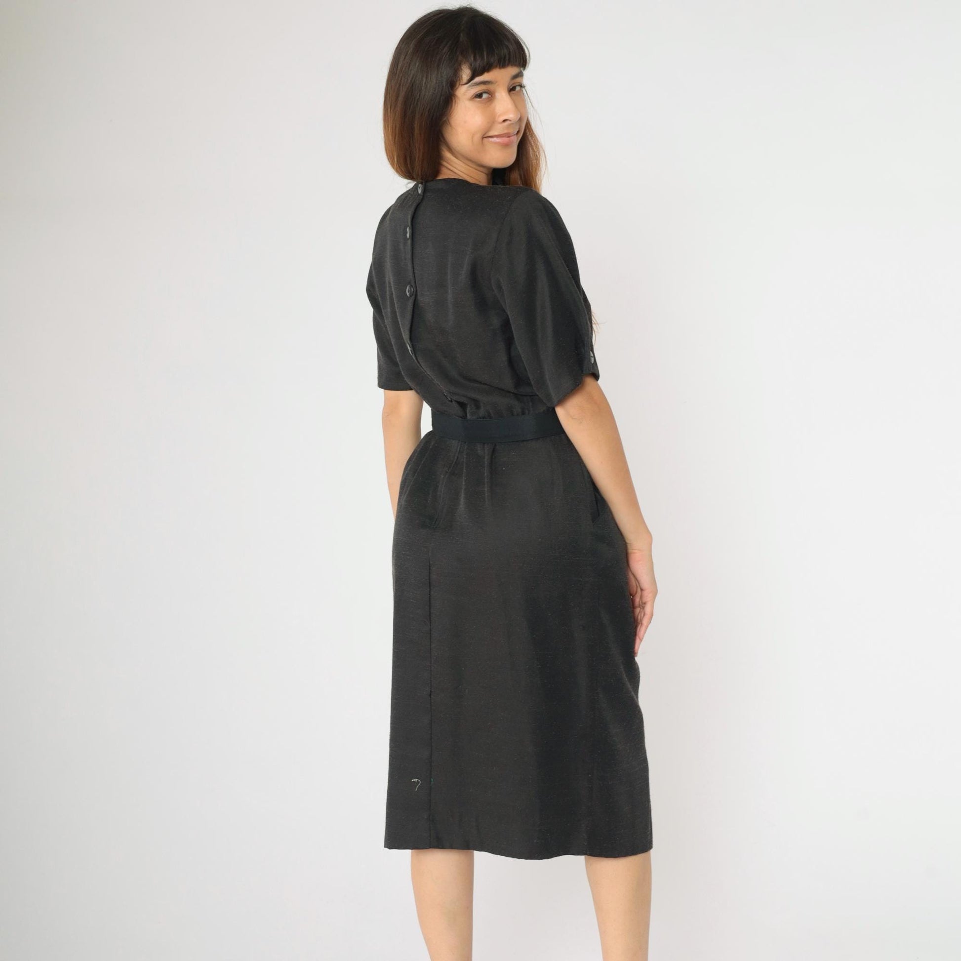80s Black Midi Dress Button Back High Waist Belt Gold Buckle Medium Petite