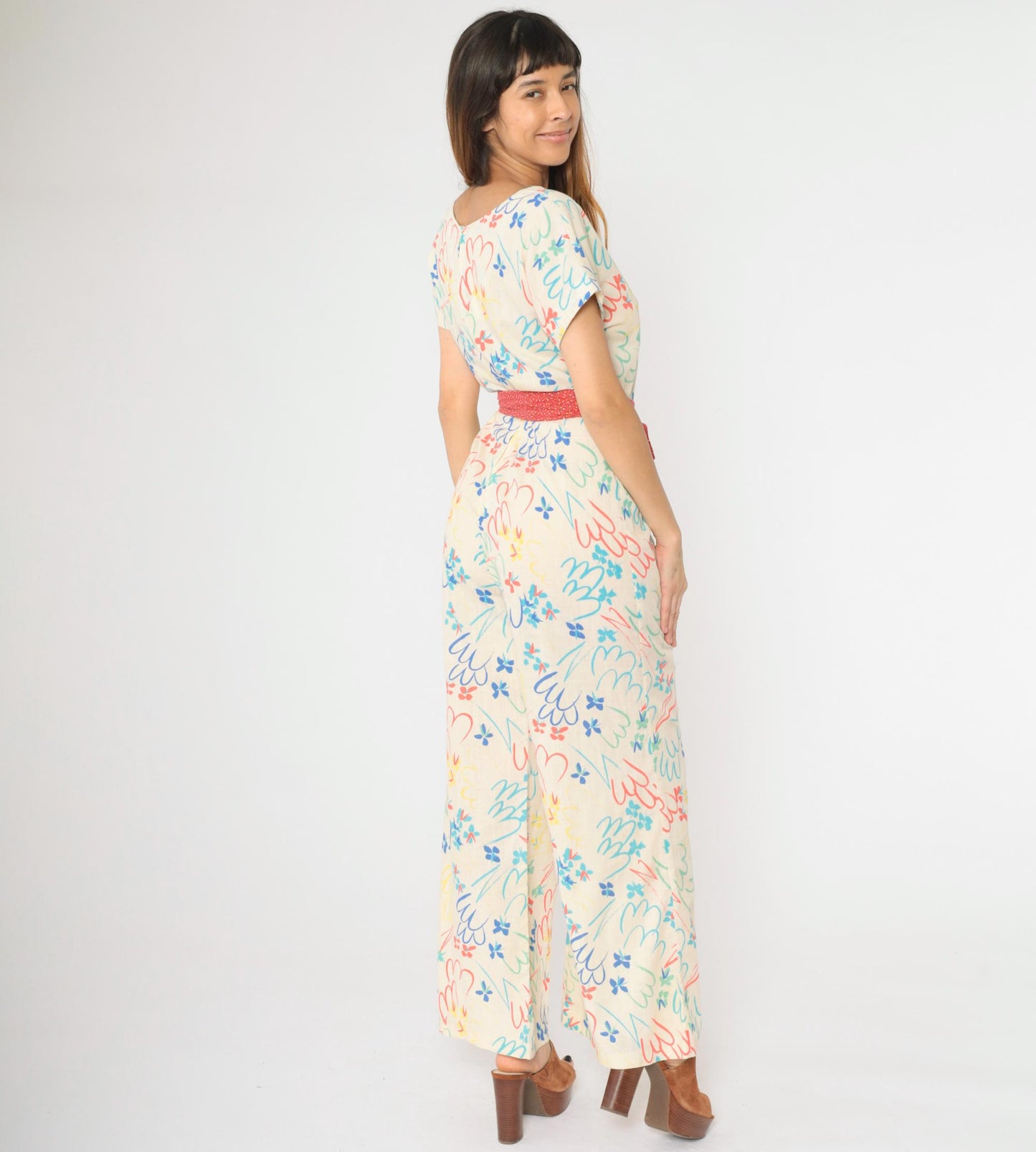 70s Floral Wide Leg Jumpsuit Off-White Short Sleeve Zip Back Small Medium