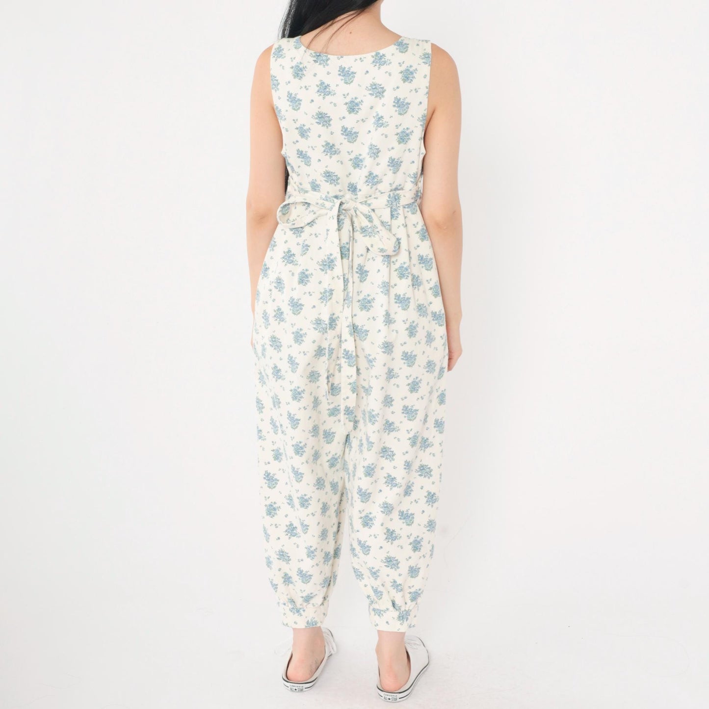 80s Floral Jumpsuit Off-White Blue Sleeveless Harem Tapered Ankle Extra Small