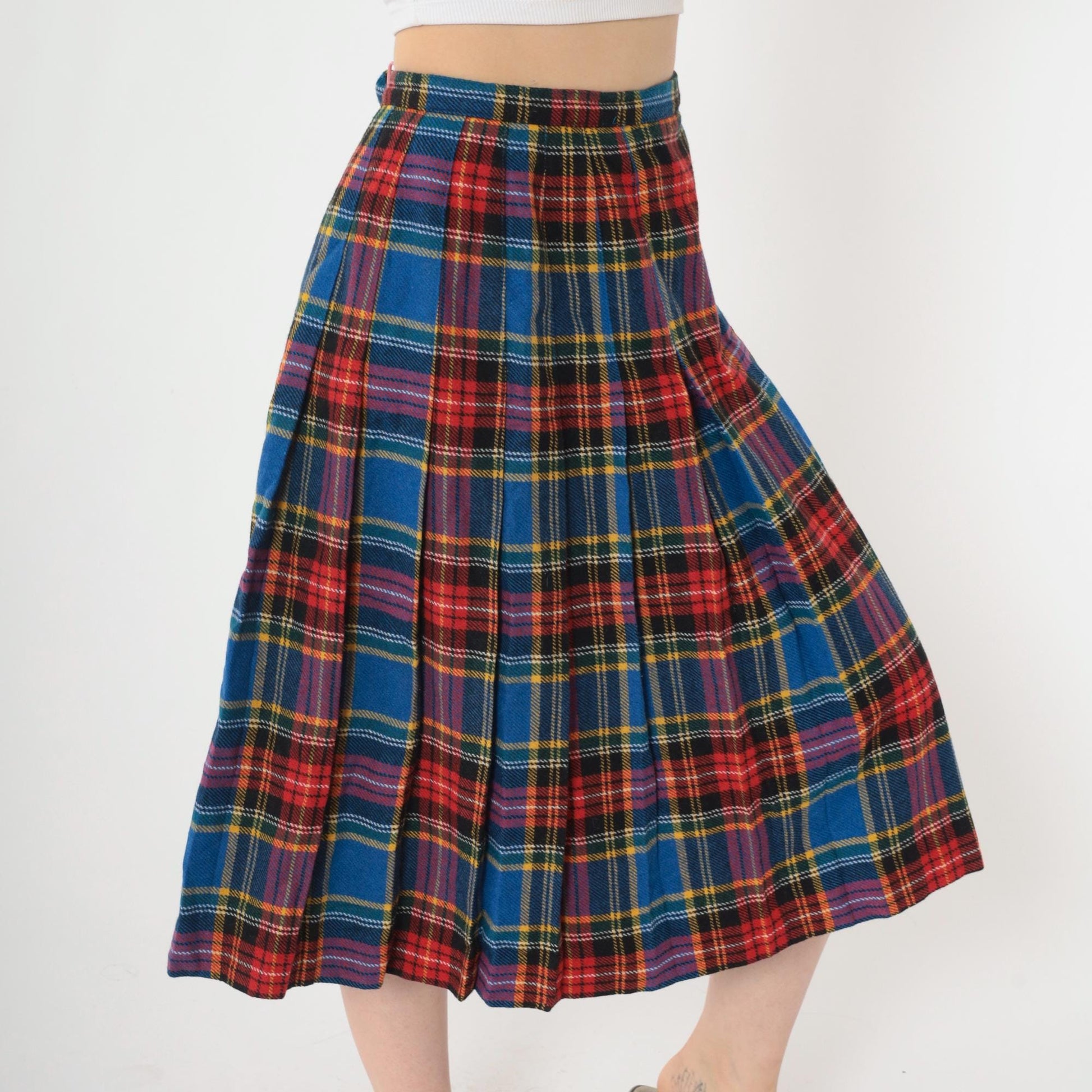 80s Ann Stevens Wool Plaid Midi Skirt High Waist Wrap Tartan Small