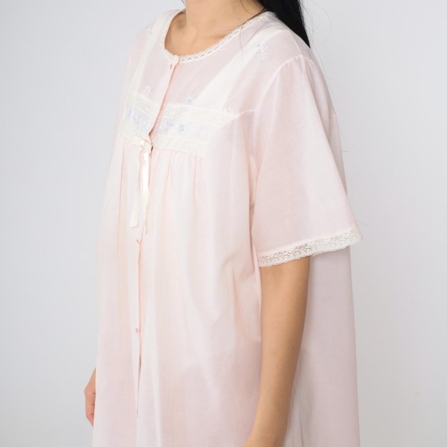 70s Shadowline Pink Robe Lace Floral Embroidered Button-Up Nightgown Large L