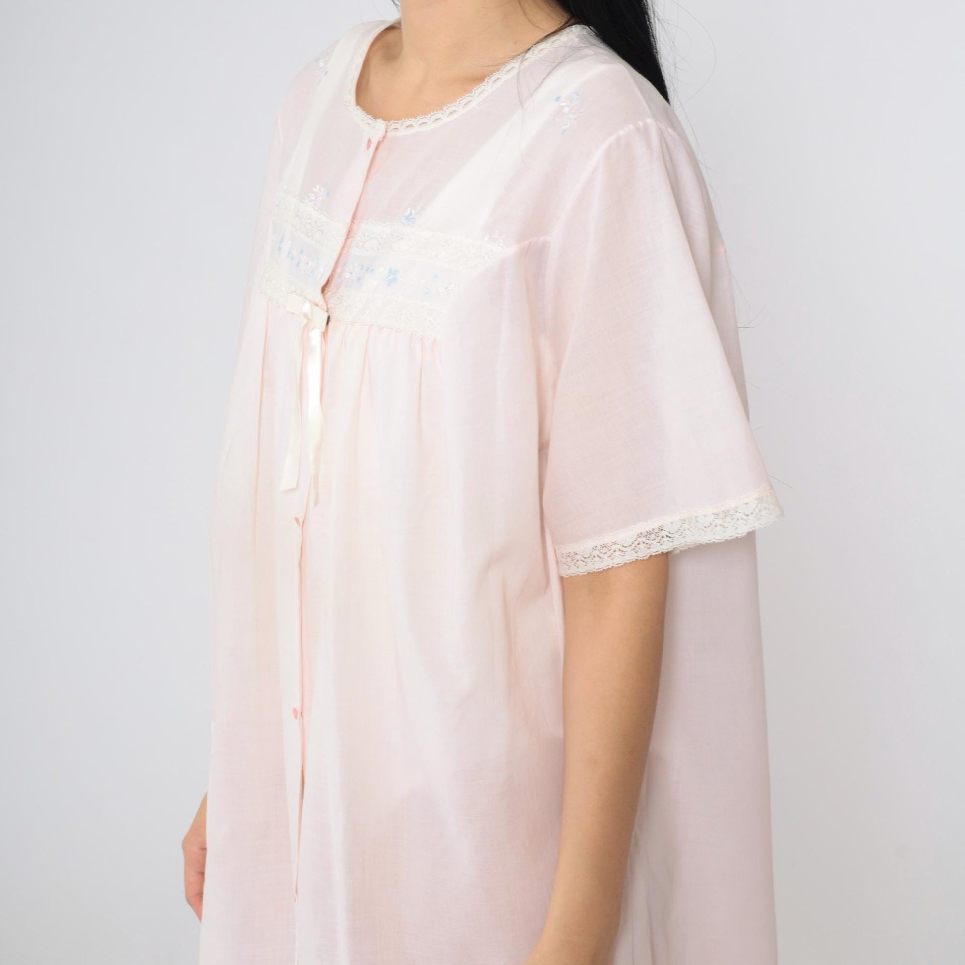 70s Shadowline Pink Robe Lace Floral Embroidered Button-Up Nightgown Large L