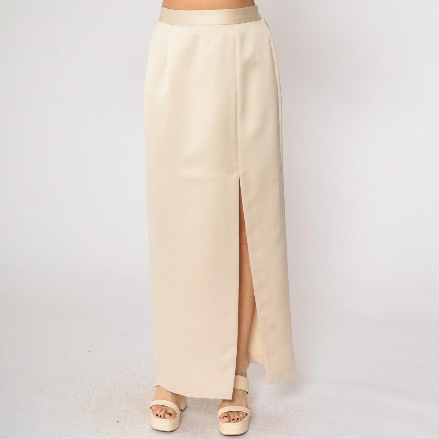 90s JR Nites Cream Satin Maxi Skirt High Front Slit Column Small