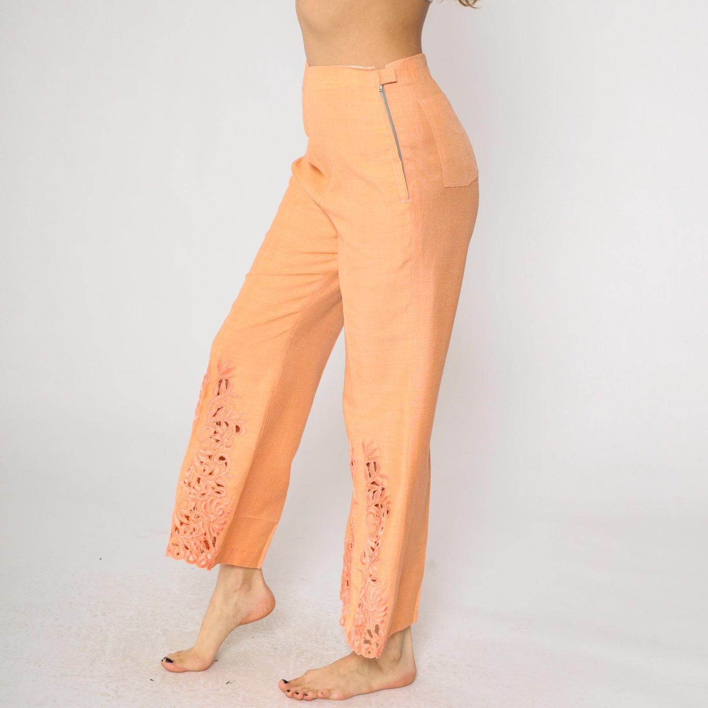 70s Orange Lace Cutwork Bell Bottom Pants High Rise Flared Small