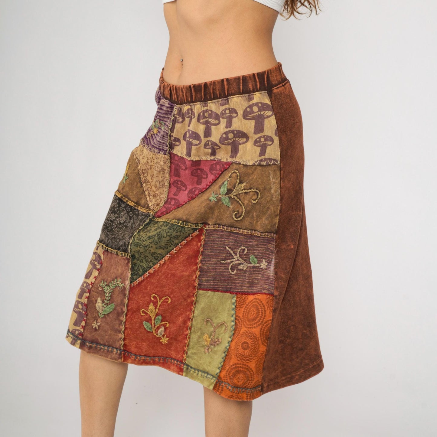 Y2K Patchwork Midi Skirt Brown Mushroom Floral Peace Sign Cotton Large L