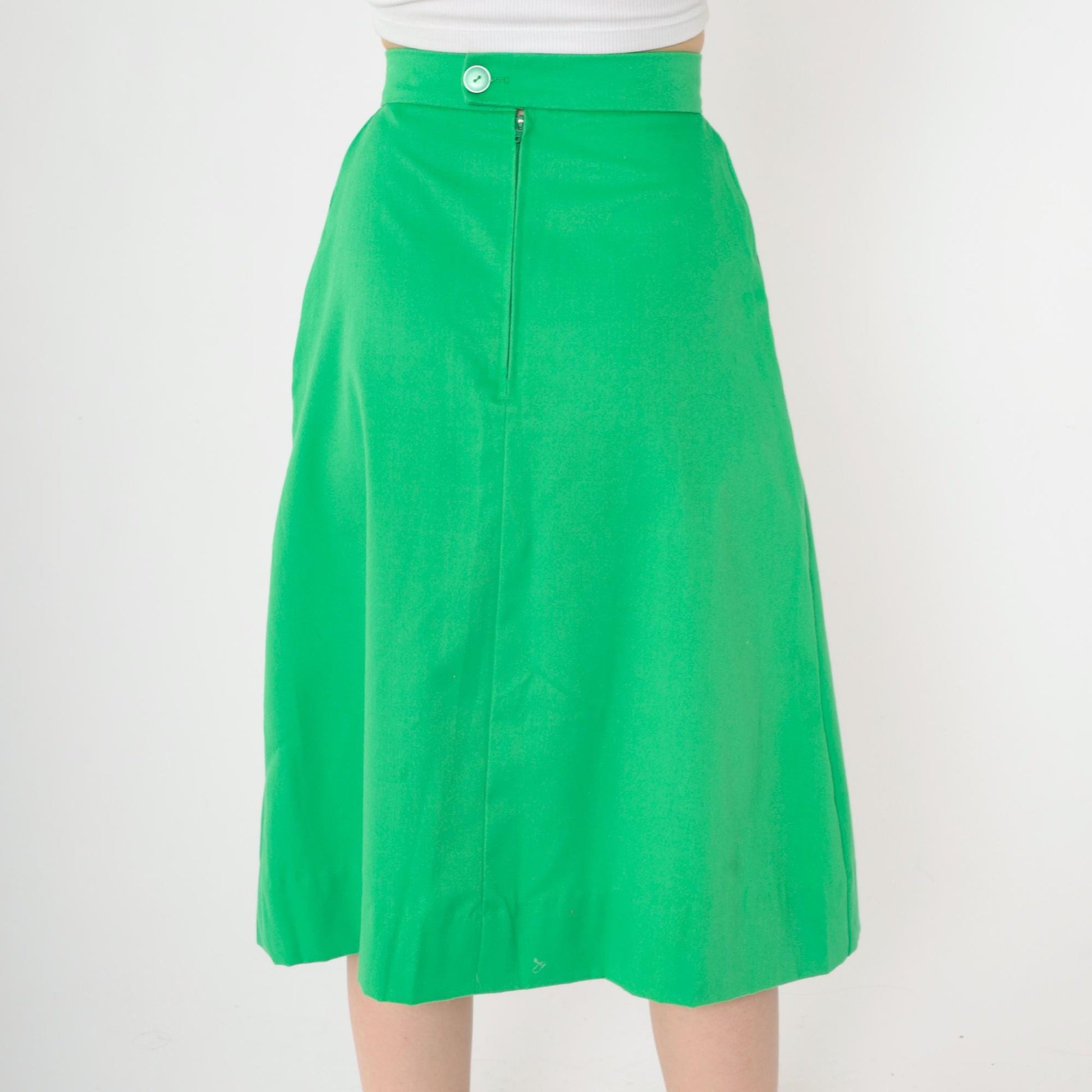 1970s Girl Scouts Midi Skirt Green A-Line High Waist Pockets Extra Small