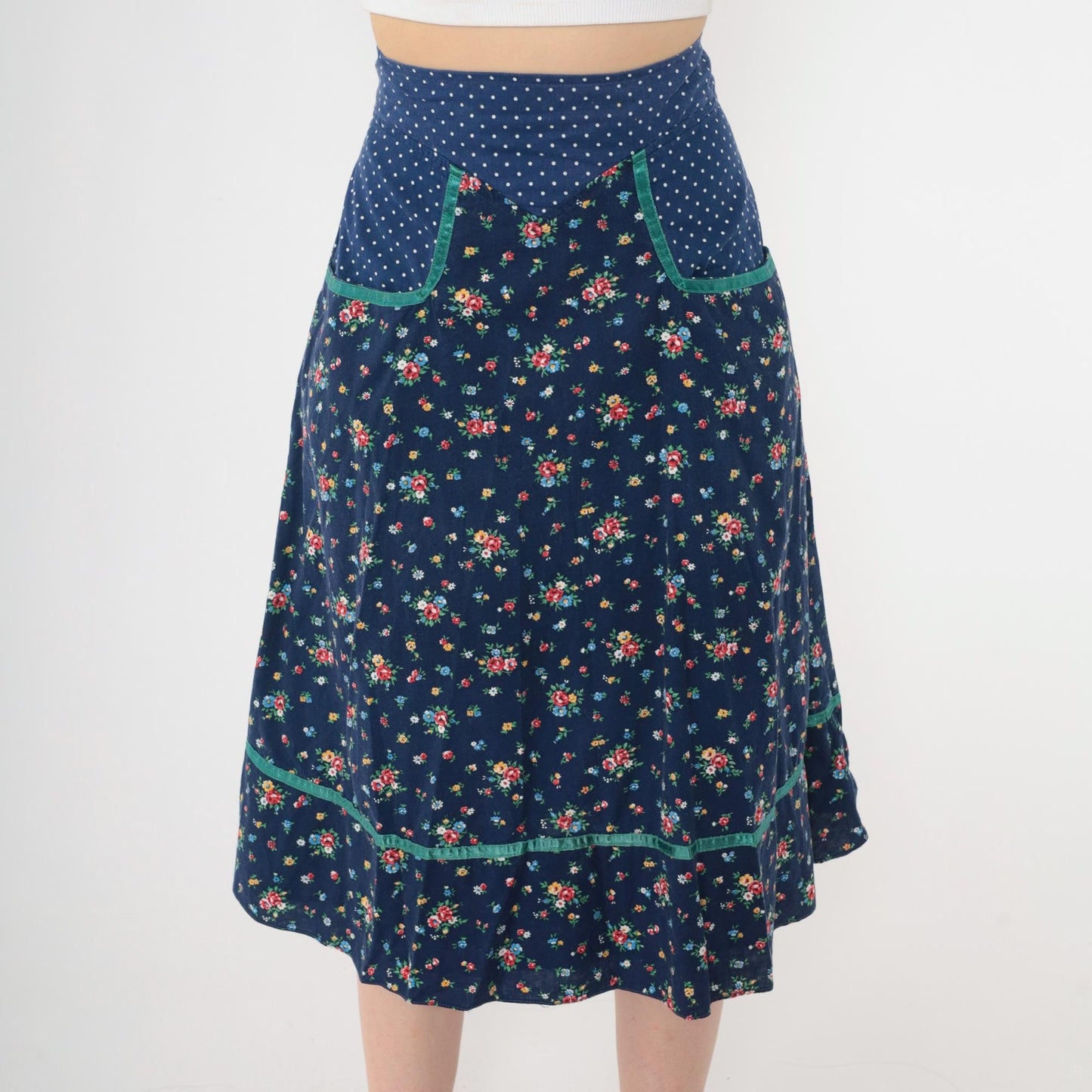 70s Gunne Sax Floral Midi Skirt Blue Polka Dot Calico Small