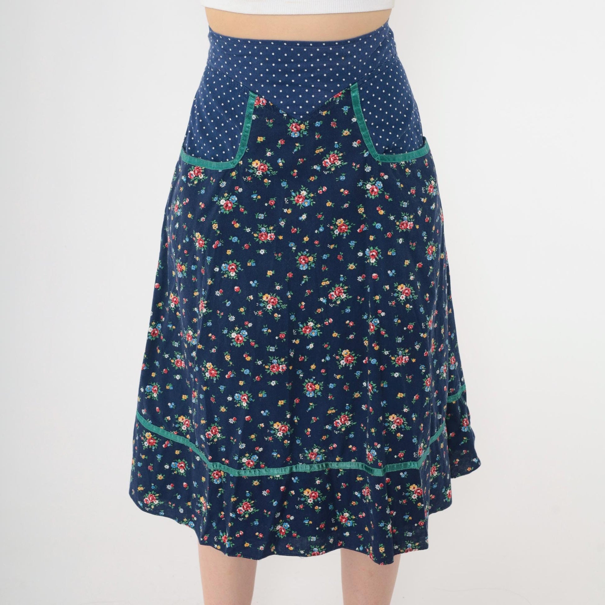 70s Gunne Sax Floral Midi Skirt Blue Polka Dot Calico Small