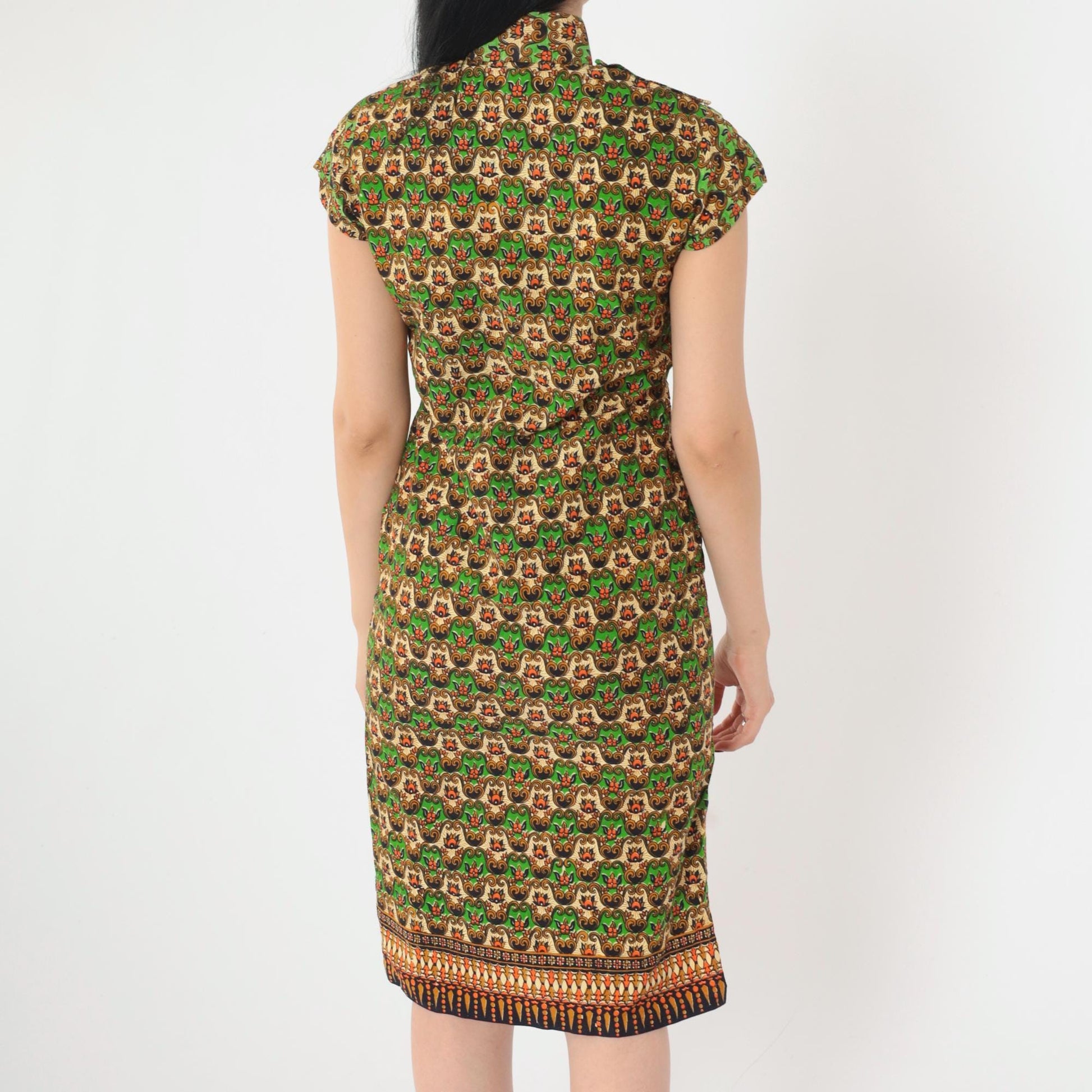 70s Cheongsam-Style Dress Green Batik Floral Print Mandarin Collar Midi XS