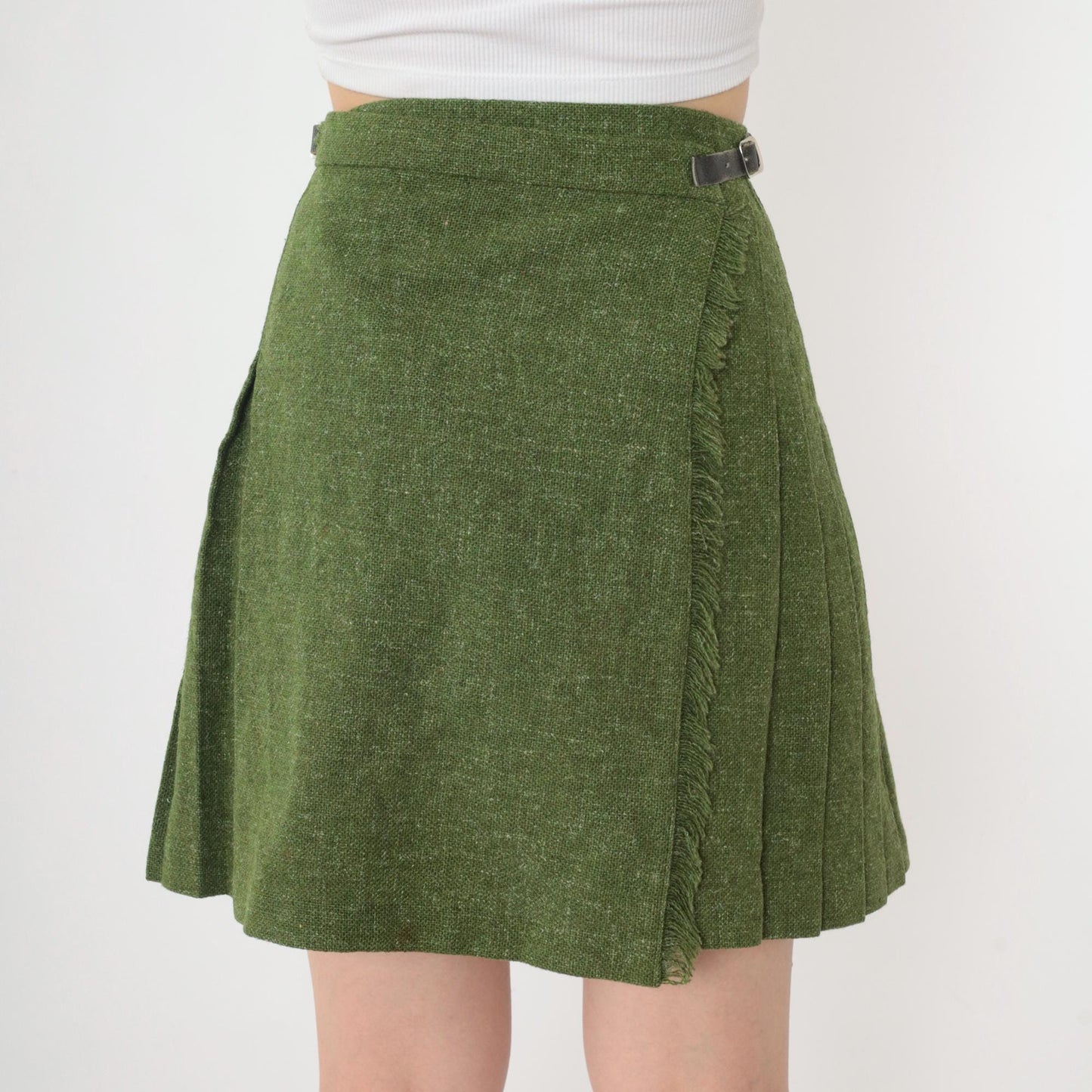 60s Wool Mini Skirt Olive Green Flecked High Waist Pleated XXS