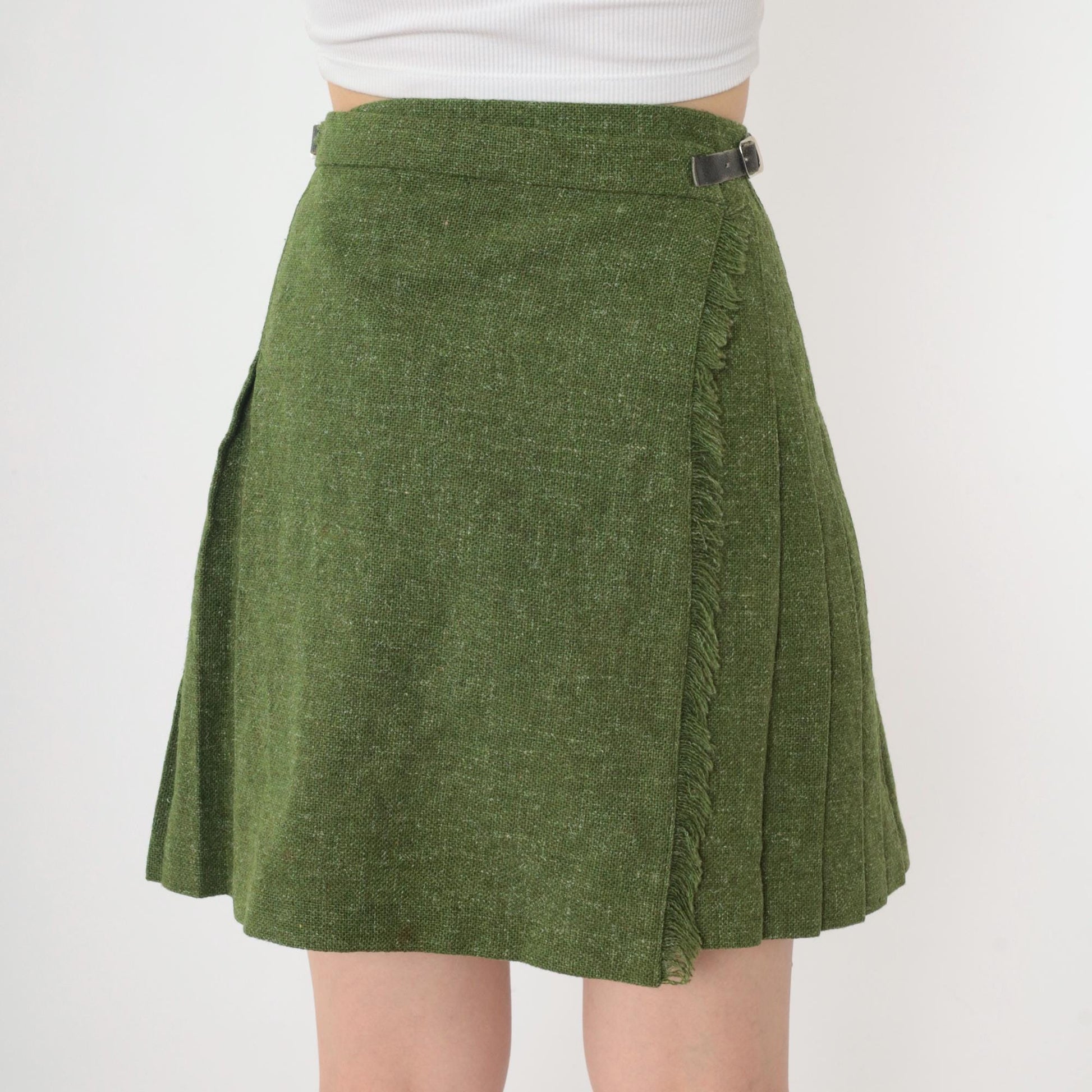 60s Wool Mini Skirt Olive Green Flecked High Waist Pleated XXS