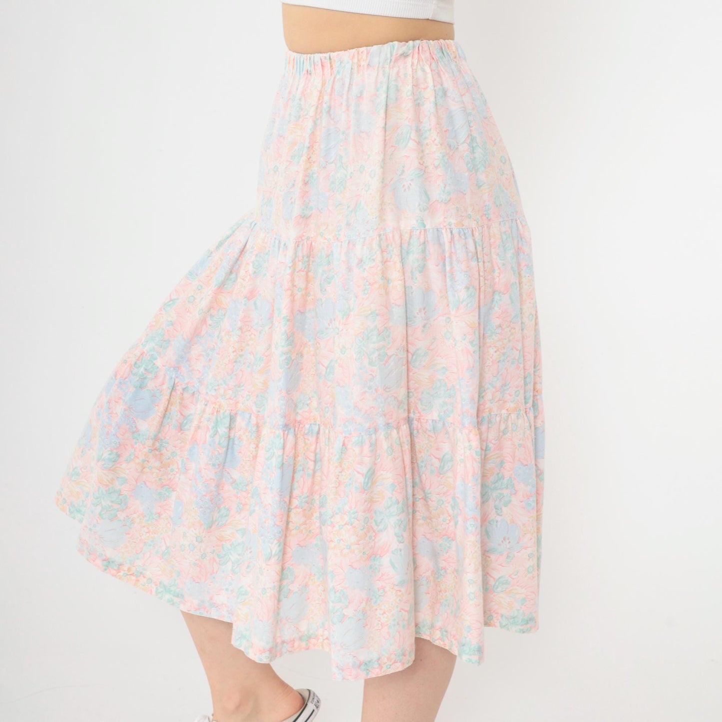 80s Pastel Floral Tiered Midi Skirt High Waist Pink Blue Small