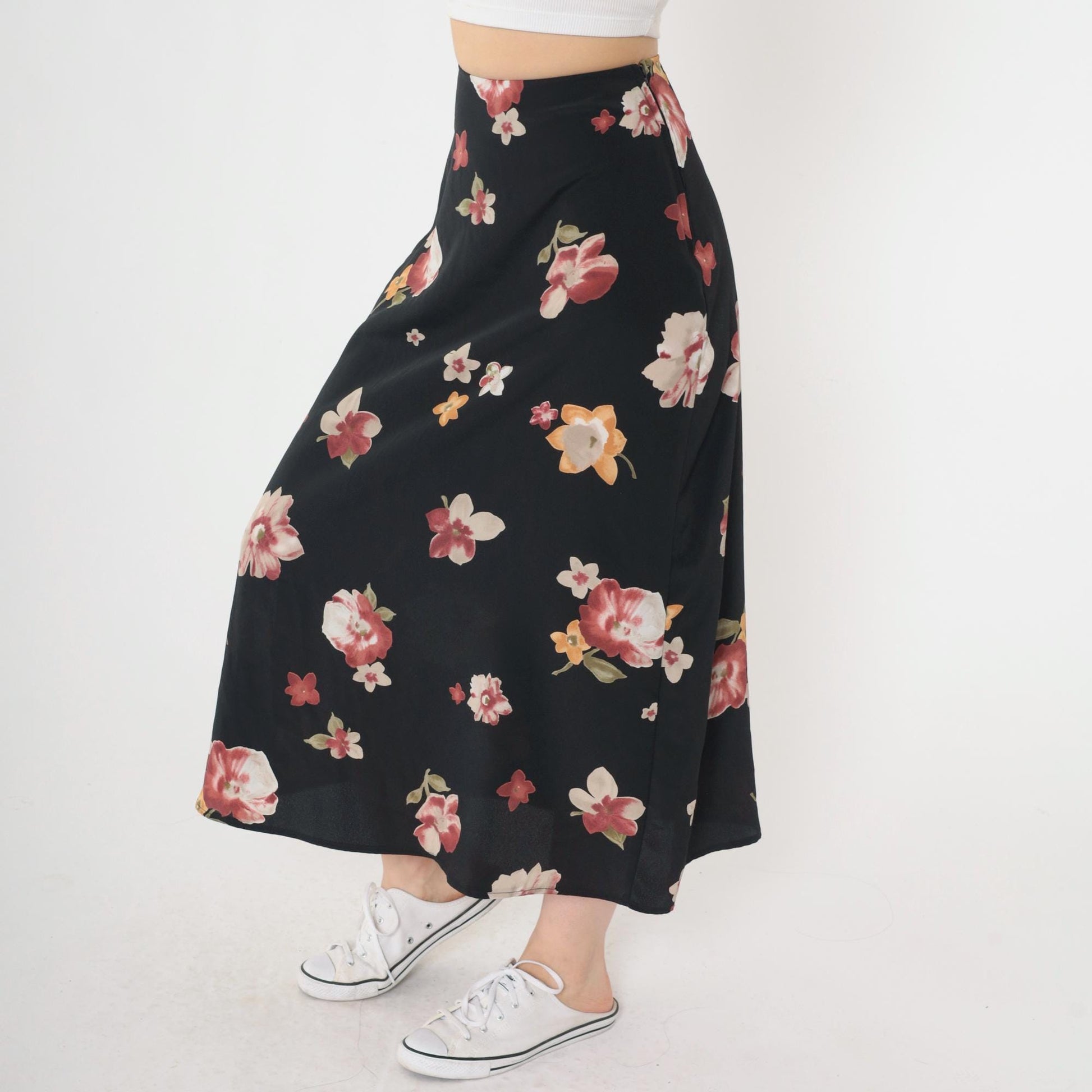 90s Black Floral Midi Skirt Red Yellow Print High Waist Extra Small XS